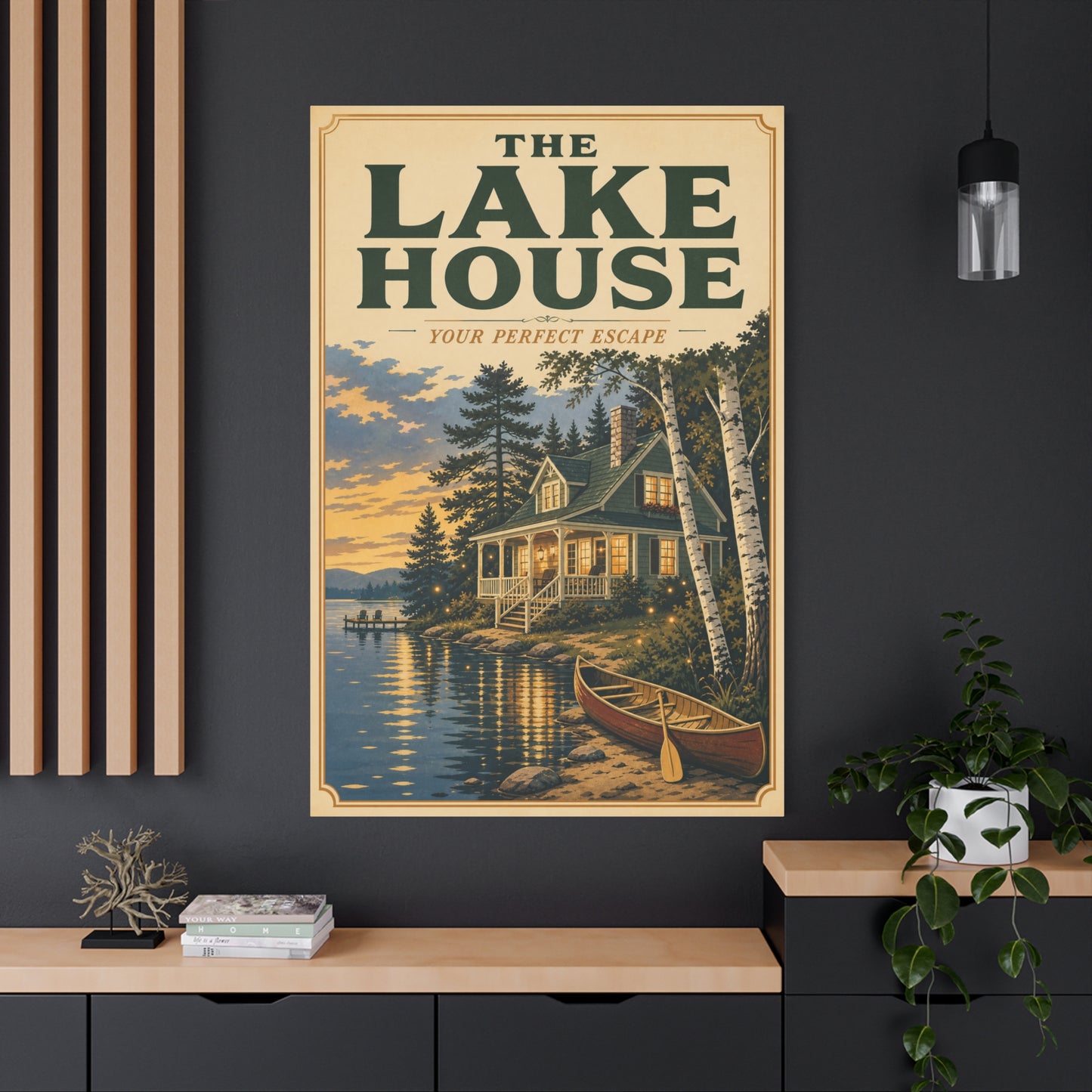 "The Lake House Your ideal Escape" Canvas Wall Art - Vintage Lakeside Cabin, Canoe And Birch Trees - Rustic Landscape Print - Living Room Wall Decor, Cabin Home Decoration - Bedroom Home Decoration