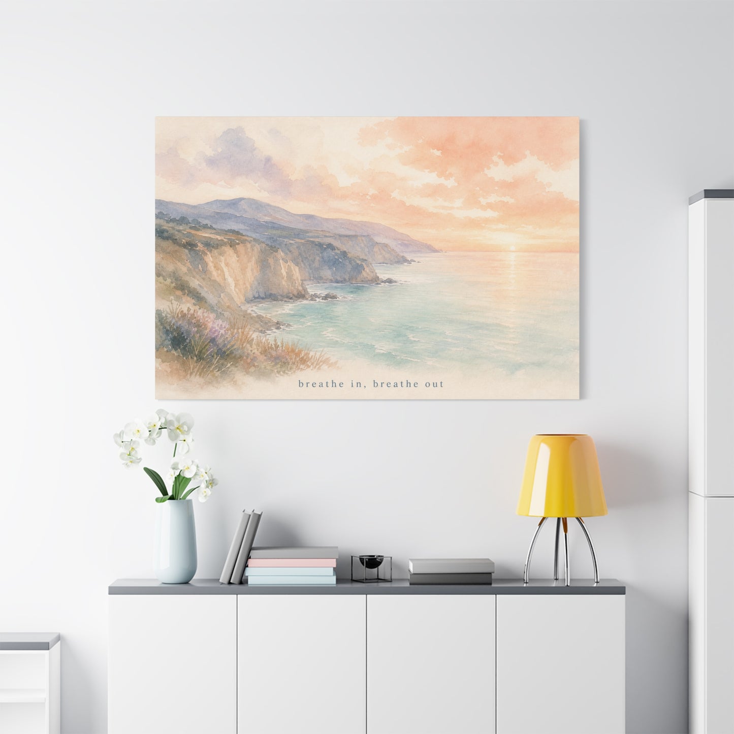 "Breathe In, Breathe Out" Coastal Sunset Canvas Wall Art - Watercolor Cliff Seascape, Jellyfish Room Decor, Serene Beach Landscape Print - Bedroom Home Decoration, Meditation Space - Office Wall Art