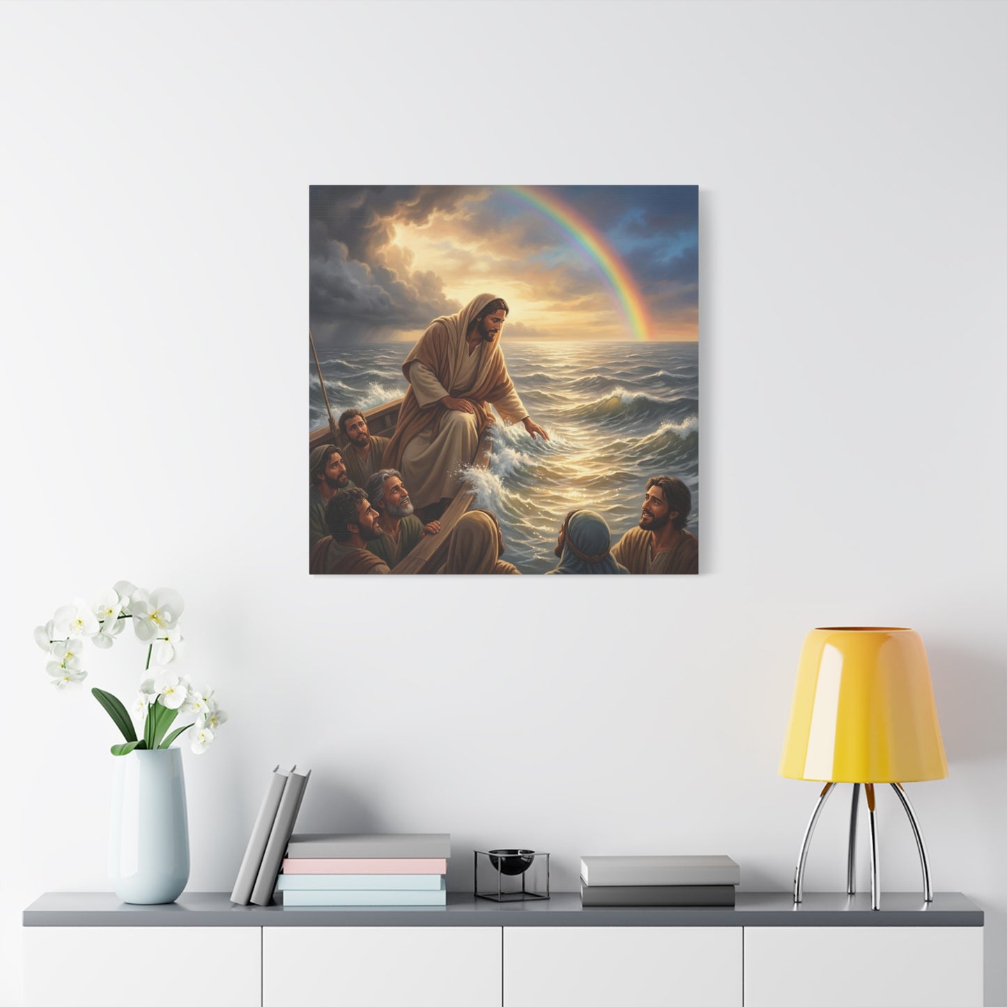Jesus Christ Walking On Water Canvas Wall Art - Rainbow Over Stormy Sea, Disciples In Boat - Matte Cotton Print - Traditional Religious Style - Living Room Wall Decor - Bedroom Home Decoration