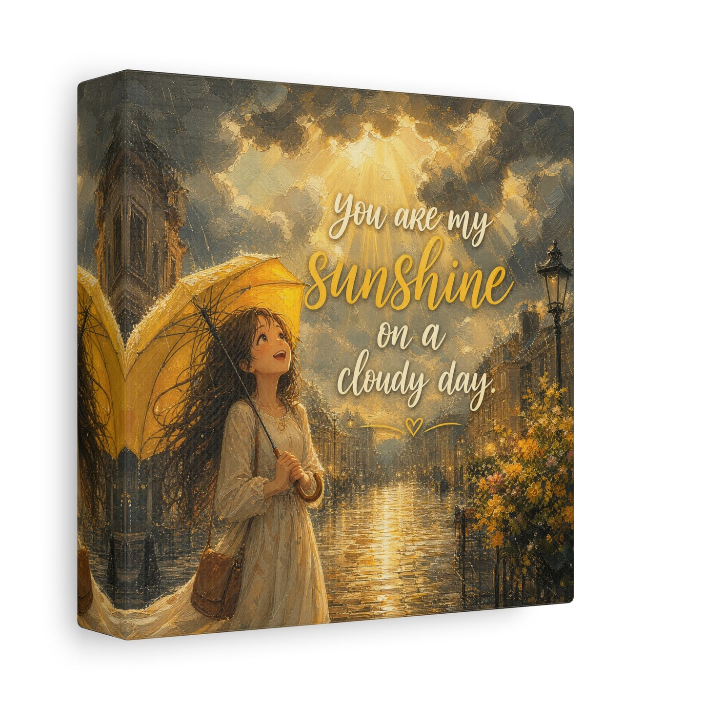 "You Are My Sunshine On A Cloudy Day" Canvas Wall Art - Girl With Yellow Umbrella Quote Print - Golden Rainy Street Painting, Inspirational Decor - Bedroom Home Decoration - Living Room Wall Decor