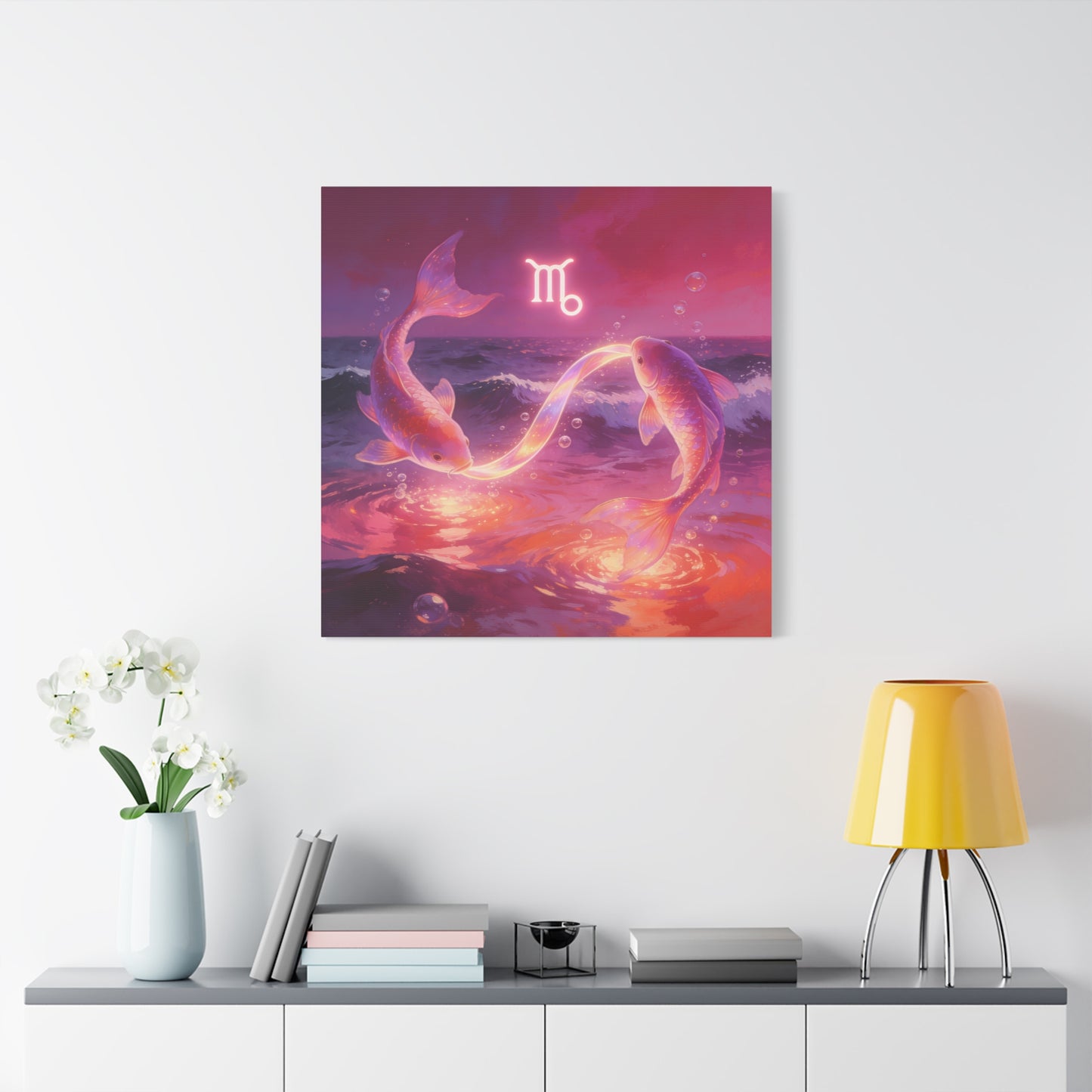 Scorpio Zodiac Canvas Wall Art - Glowing Koi Fish Ocean Illustration, Pink Purple Celestial Water Scene - Modern Fantasy Decor - Bedroom Home Decoration, Living Room Accent - Living Room Wall Decor