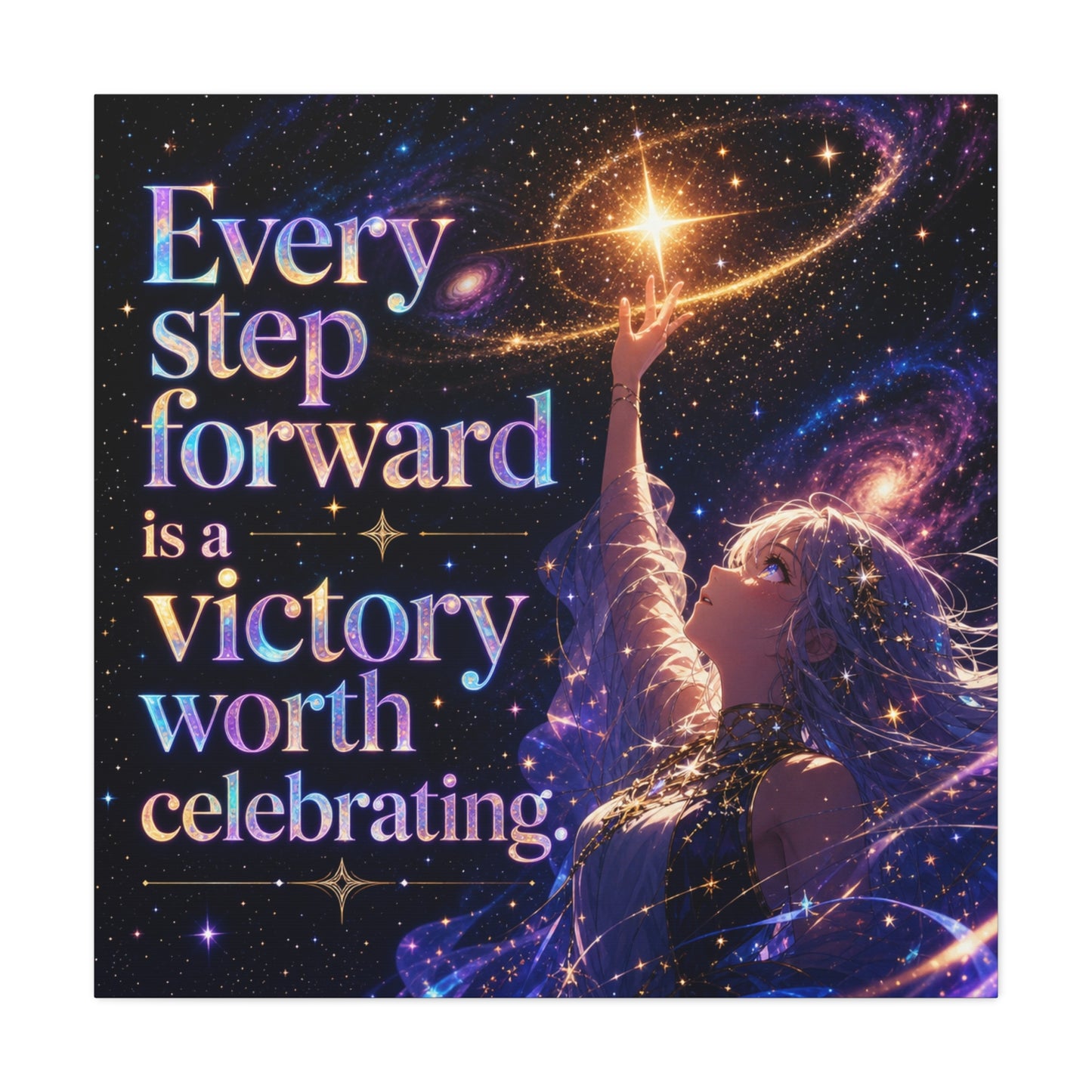"Every Step Forward Is A Victory Worth Celebrating" Inspirational Canvas Wall Art - Cosmic Anime Girl Galaxy Quote Print - Celestial Purple Blue Decor - Bedroom Home Decoration - Office Wall Art