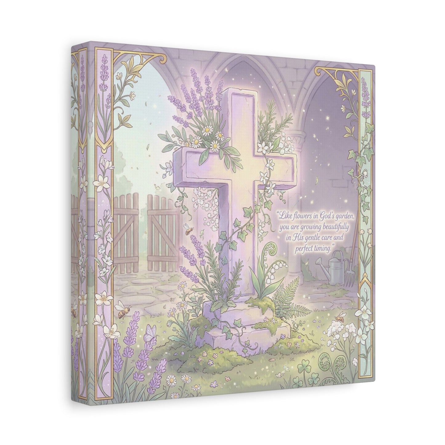 "Like Flowers In God's Garden, You Are Growing Beautifully" Christian Canvas Wall Art - Floral Cross Scripture Decor - Lavender Garden Illustration - Bedroom Home Decoration, Living Room Accent