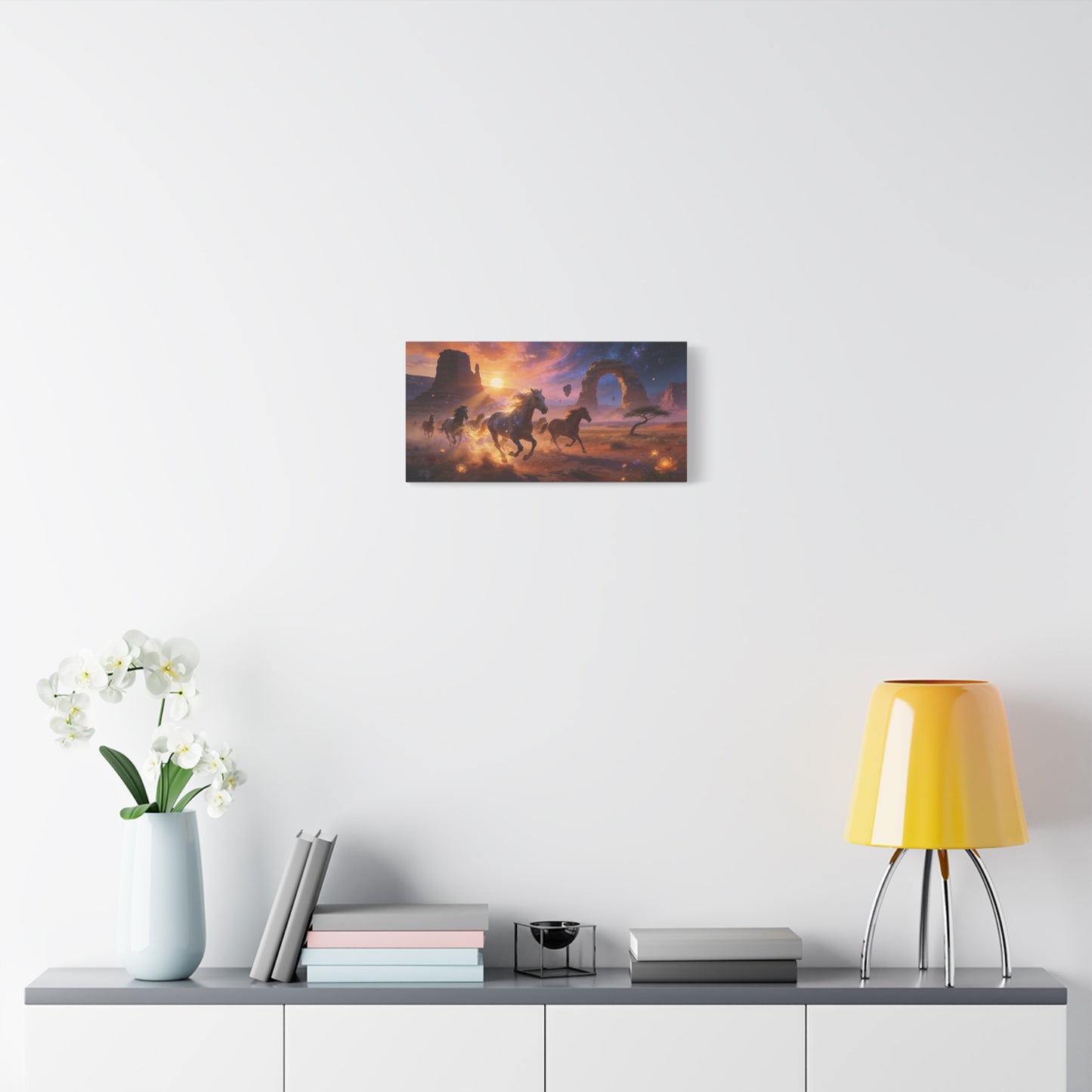 Celestial Wild Horses Canvas Wall Art - Fantasy Desert Arch Sunset, Glowing Galaxy Sky - Matte Cotton Print - Contemporary Landscape Style - Living Room Wall Decor - Bedroom Home Decoration
