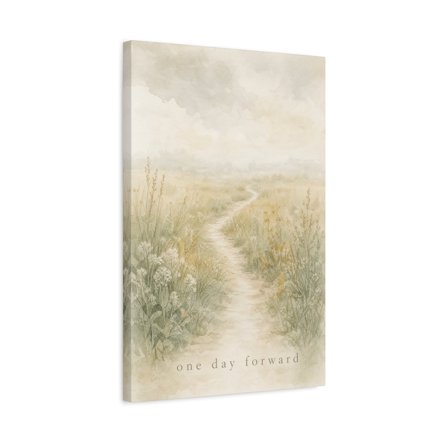 "One Day Forward" Inspirational Canvas Wall Art - Soft Meadow Path Watercolor Print, Neutral Sage Beige Botanical Landscape, Bedroom Wall Decor, Meditation Space Home Decoration - Ready to Hang