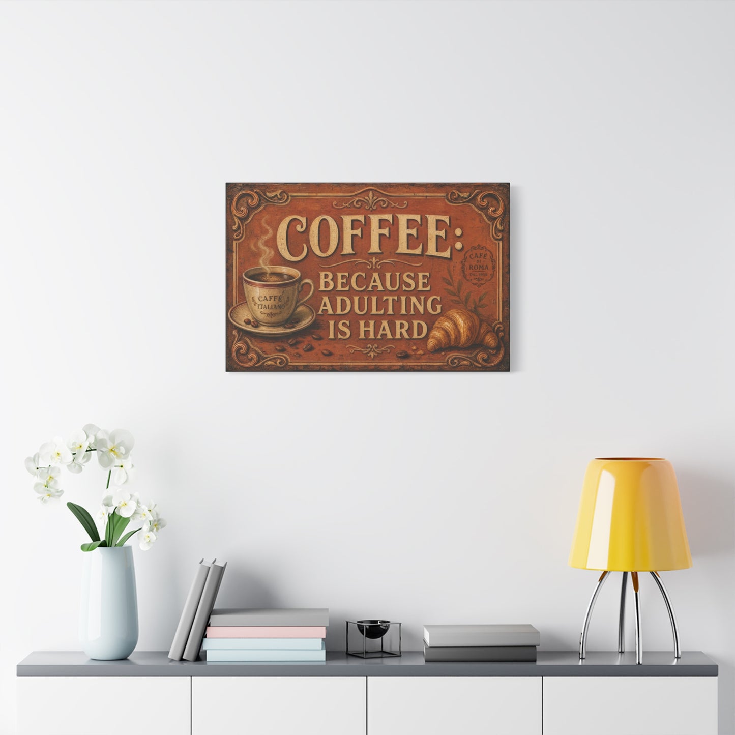 "Coffee Because Adulting Is Hard" Funny Canvas Wall Art - Vintage Cafe Cup, Croissant, Rustic Typography Print - Farmhouse Decor, Cafe Wall Accent - Coffee Shop Decor - Espresso Bar Sign