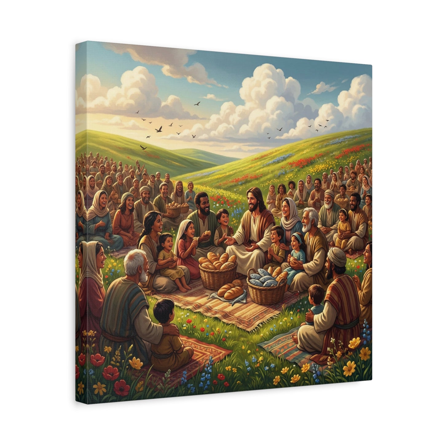 Jesus Feeding The Multitude Canvas Wall Art - Bread And Fish Biblical Scene - Meadow Landscape Christian Home Decor - Matte Cotton Print For Living Room, Bedroom, Office, Meditation Space