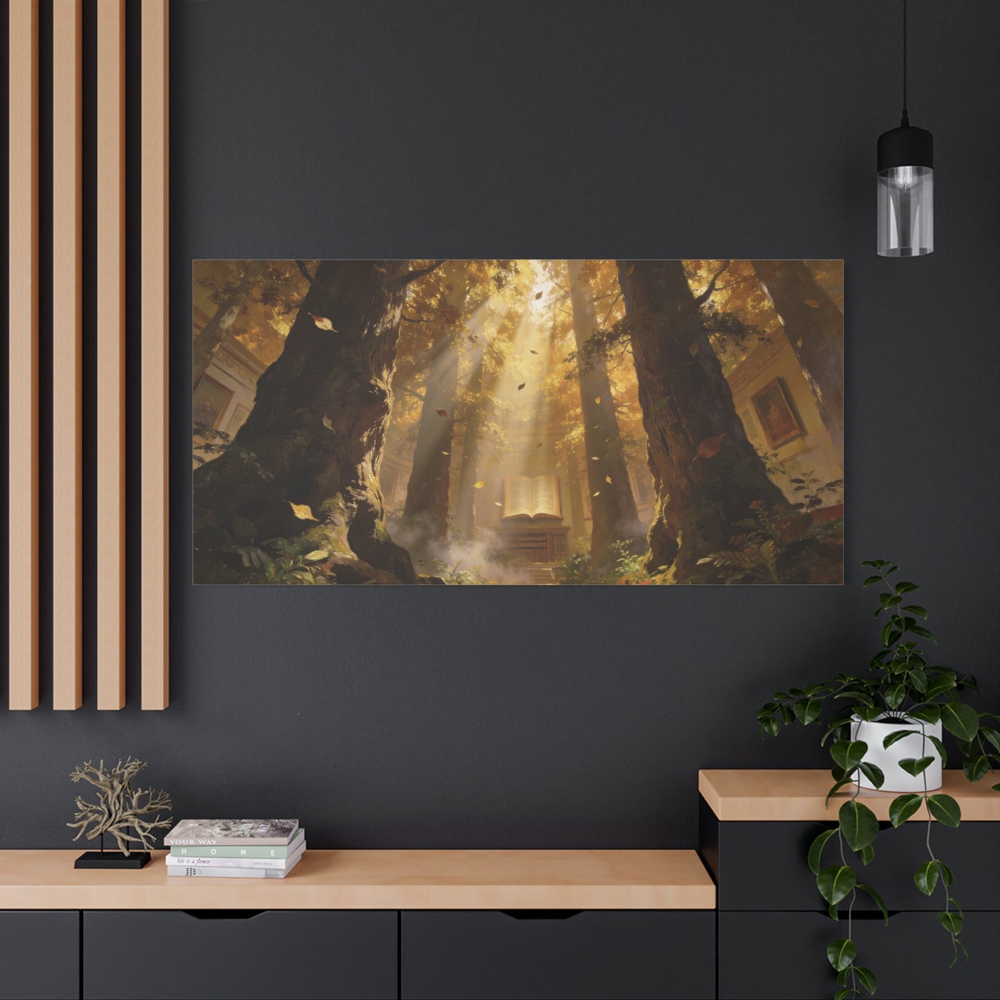 Enchanted Forest Library Canvas Wall Art - Sunbeams, Open Book, Autumn Trees - Matte Cotton Art Print - Fantasy Landscape Style - Living Room Wall Decor, Office Accent - Bedroom Home Decoration