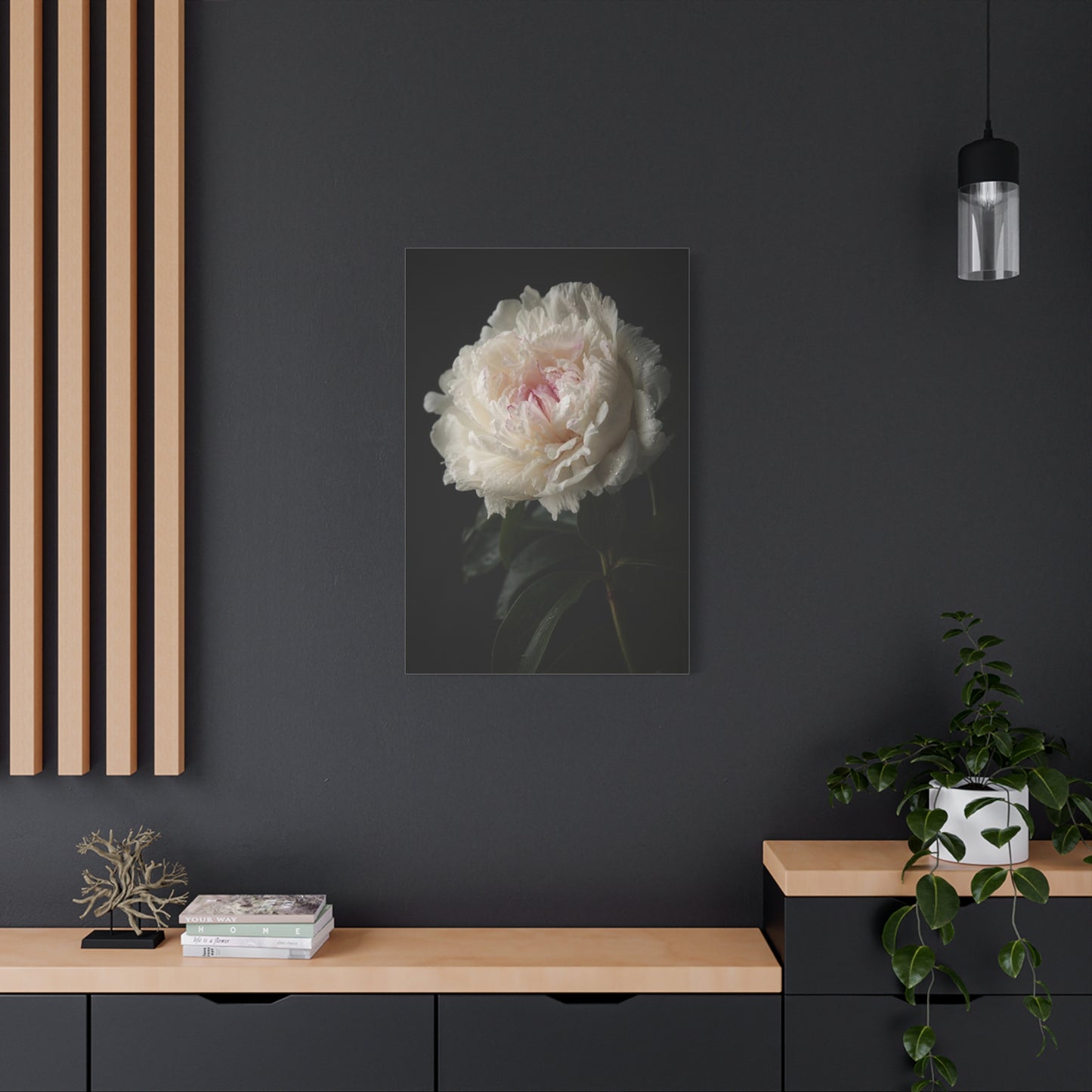 White Peony Canvas Wall Art - Floral Art Print, Soft Blush Petals On Black - Moody Botanical Decor, Matte Canvas Print - Bedroom Wall Decor, Living Room Accent, Bathroom Styling