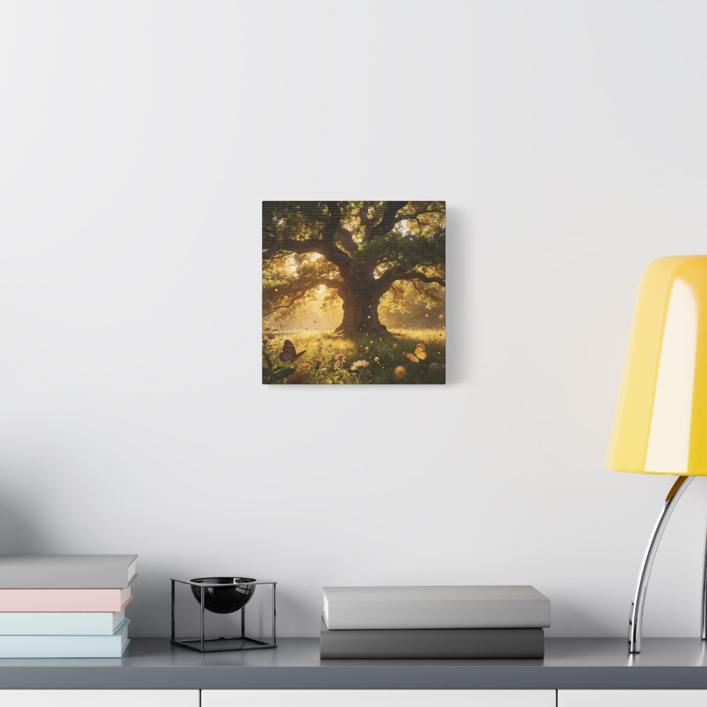 Sunlit Oak Tree Canvas Wall Art - Golden Meadow Butterflies, Nature Landscape Print - Matte Cotton Art Print, Traditional Style - Living Room Wall Decor, Bedroom Home Decoration - Ready to Hang