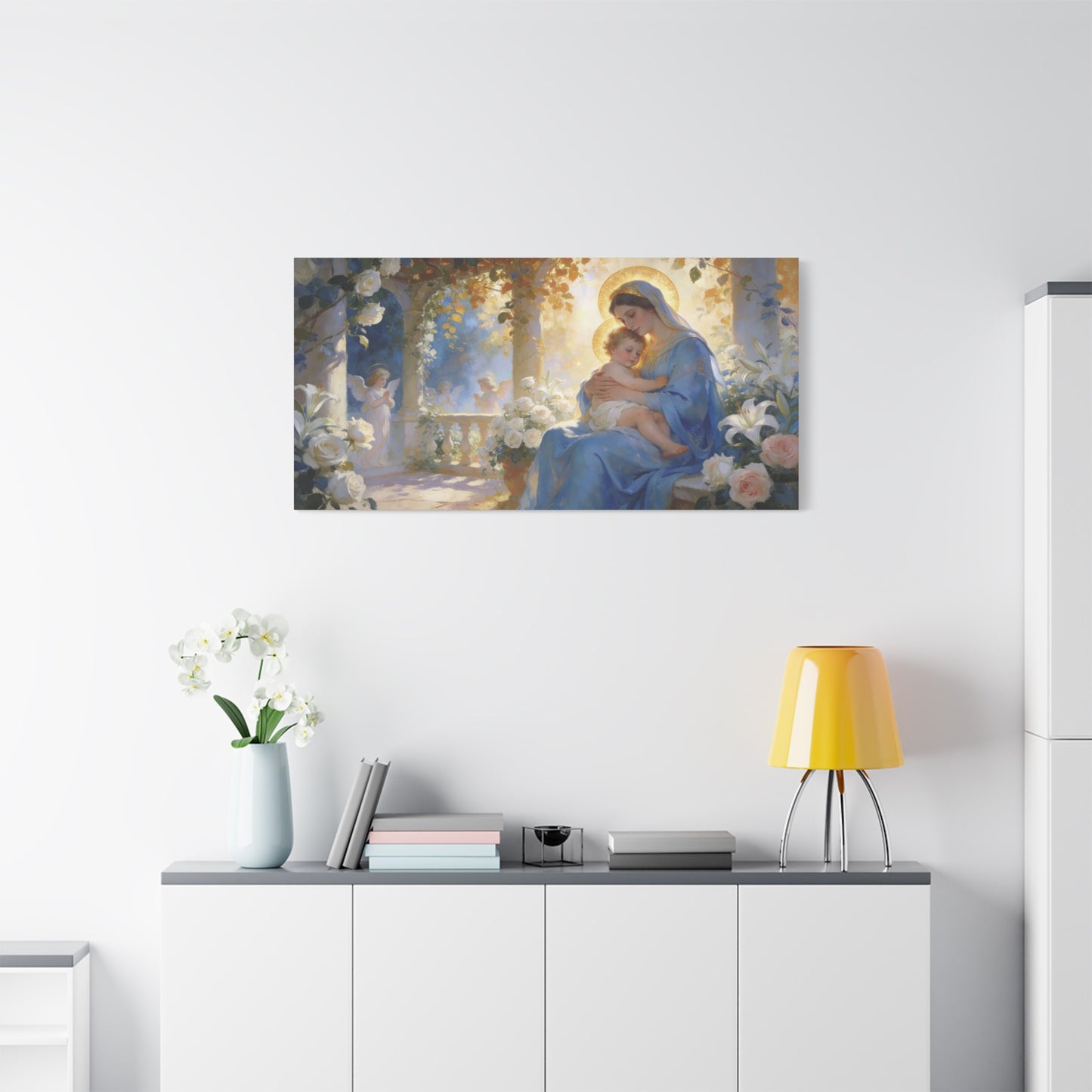 Virgin Mary And Baby Jesus Canvas Wall Art - Religious Madonna Lily Rose Painting - Traditional Blue Gold Sacred Nursery Style - Bedroom Wall Decor, Christian Home Accent - Bedroom Home Decoration