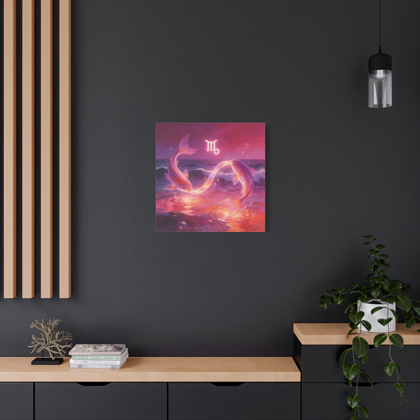 Scorpio Zodiac Canvas Wall Art - Glowing Koi Fish Ocean Illustration, Pink Purple Celestial Water Scene - Modern Fantasy Decor - Bedroom Home Decoration, Living Room Accent - Living Room Wall Decor