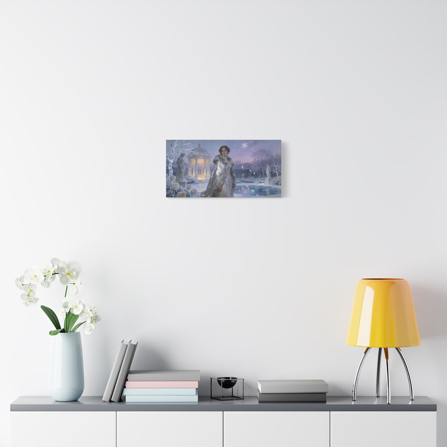 Winter Garden Woman Canvas Wall Art - Snowy Pavilion, Frosted Roses, Classical Statues - Ethereal Traditional Painting - Bedroom Wall Decor, Living Room Home Accent - Bedroom Home Decoration