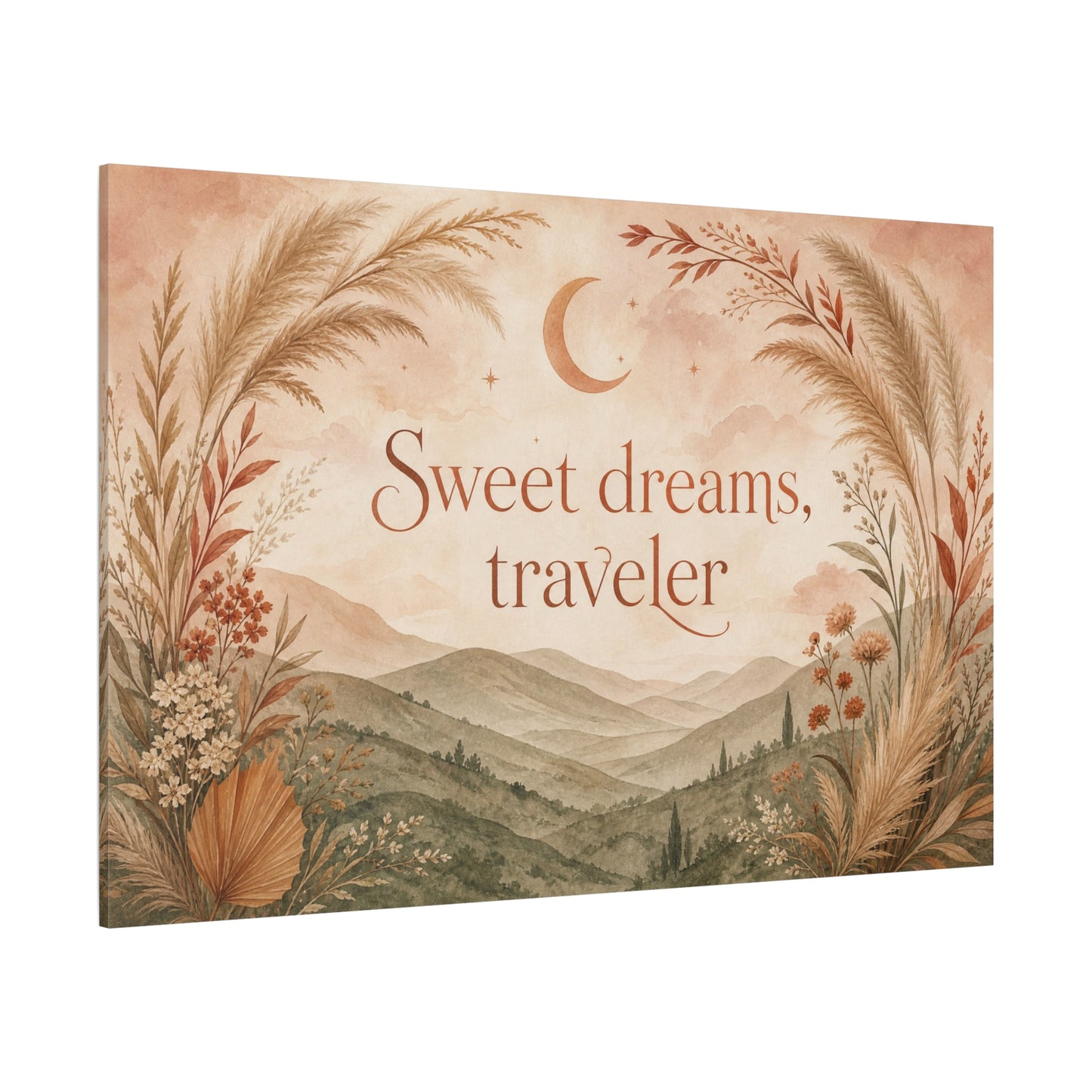 "Sweet Dreams, Traveler" Canvas Wall Art - Boho Moon Mountain Landscape Print - Neutral Botanical Bedroom Decor - Rustic Contemporary Wall Hanging - Ready to Hang - Bedroom Home Decoration