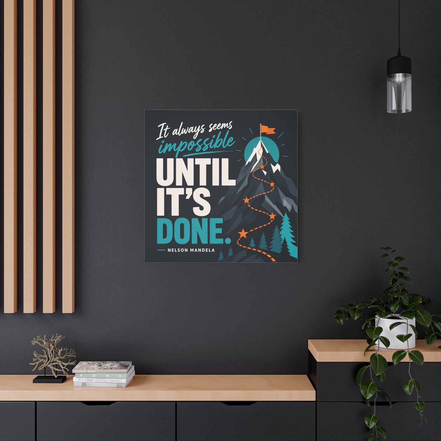 "It Always Seems Impossible Until It's Done" Motivational Canvas Wall Art - Mountain Quote Print, Teal And Orange Typography Decor - Modern Inspirational Living Room Office Wall Decor - Ready to Hang
