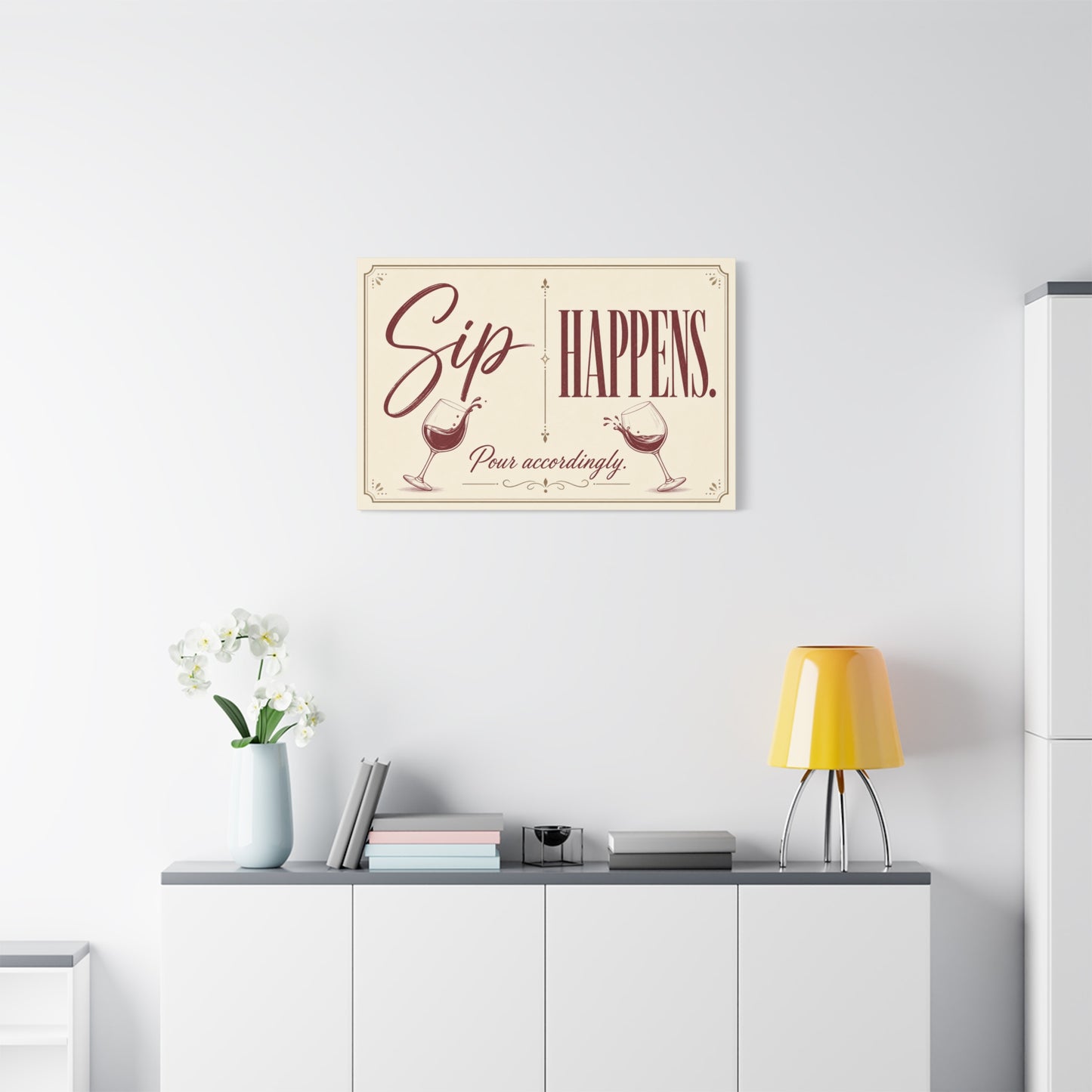 "Sip Happens. Pour Accordingly." Wine Quote Canvas Wall Art - Vintage Typography Bar Decor, Rustic Wall Hanging - Modern Farmhouse Style - Cocktail Lounge Decor - Speakeasy Style Sign - Ready to Hang