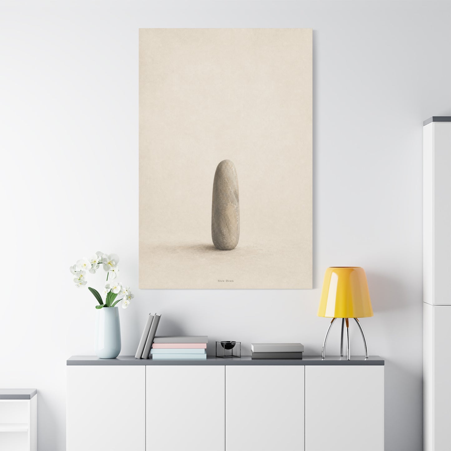 "Slow Down" Minimalist Stone Canvas Wall Art - Neutral Zen Still Life Decor - Contemporary Beige Meditation Print - Bedroom Living Room Decoration - Living Room Wall Decor - Bedroom Home Decoration