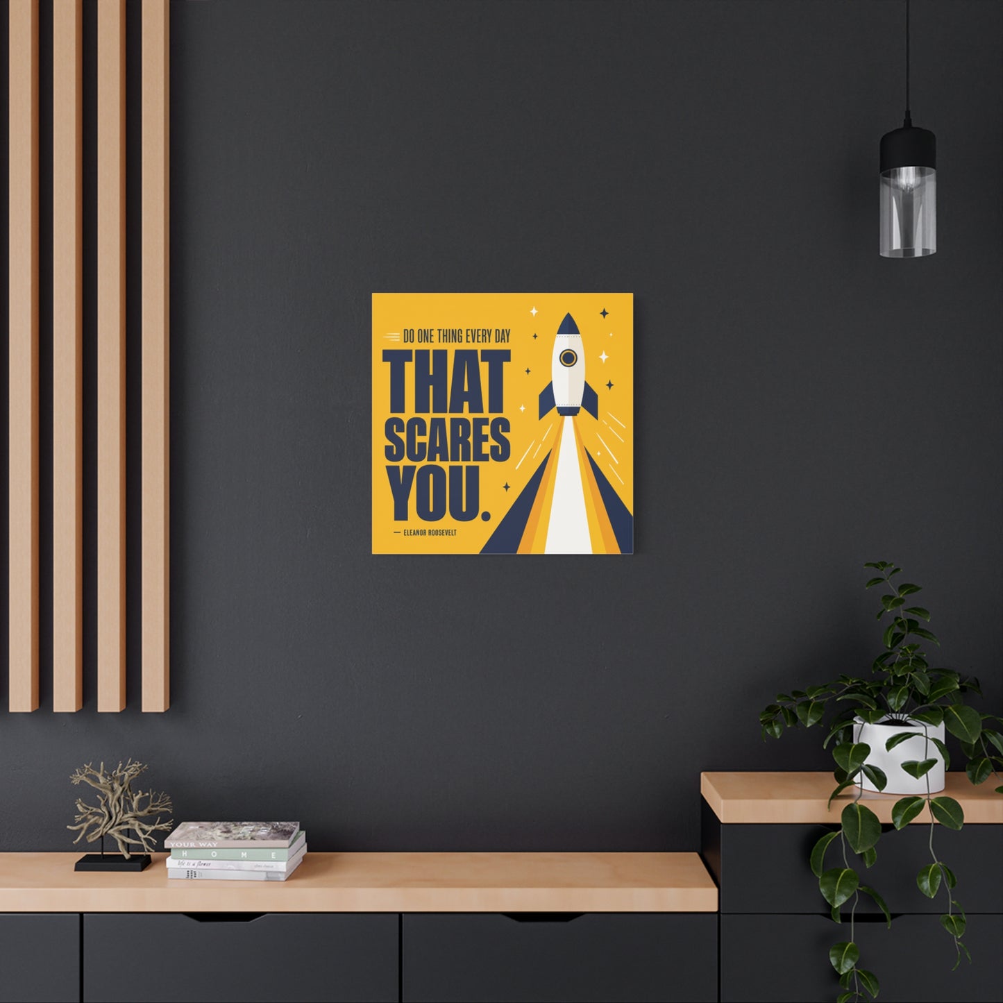 "Do One Thing Every Day That Scares You." Rocket Canvas Wall Art - Motivational Typography Space Decor - Modern Yellow Quote Print - Kids Bedroom Wall Decor, Playroom Home Decoration - Ready to Hang