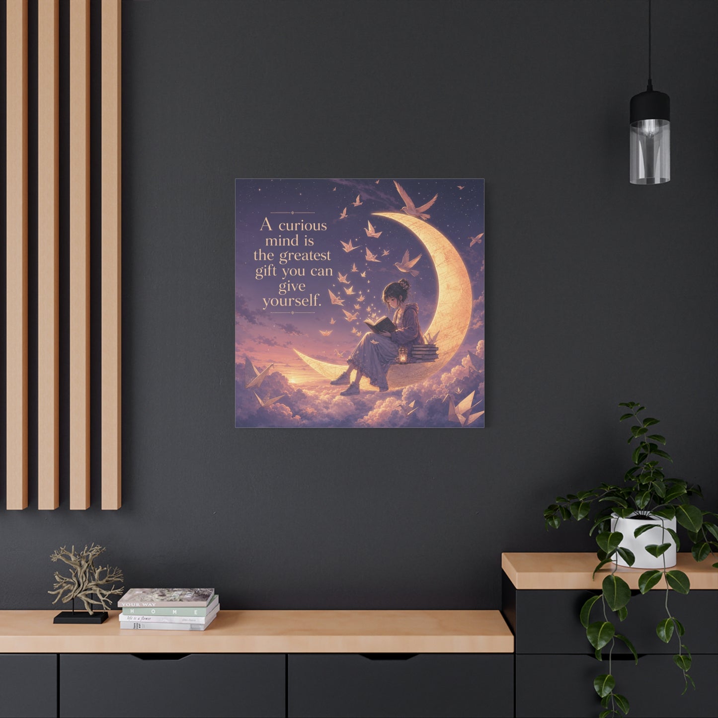 "A Curious Mind Is The Greatest You Can Give Yourself" Canvas Wall Art - Moon Reading Girl Quote Print, Dreamy Celestial Illustration - Bedroom Wall Decor, Home Office Accent - Ready to Hang