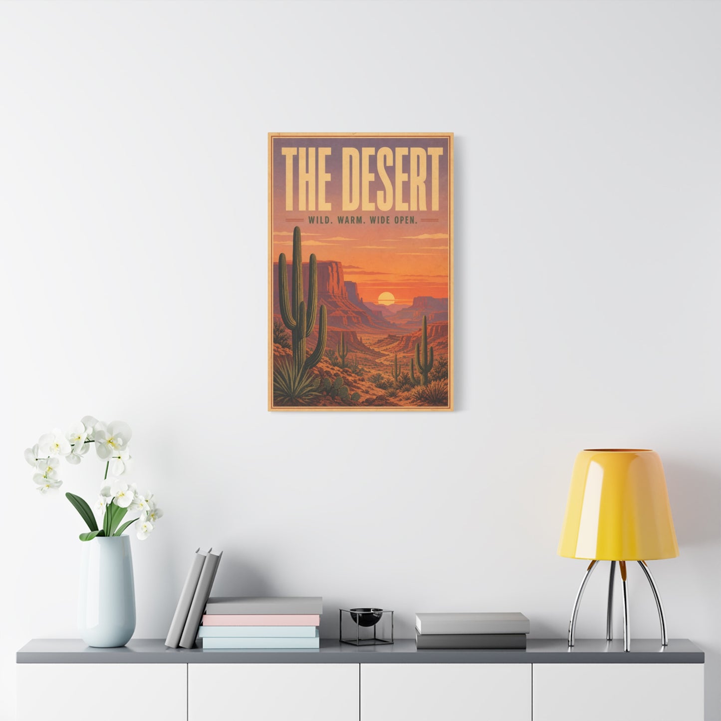 "The Desert" Wild. Warm. Wide Open. Desert Canvas Wall Art - Vintage Saguaro Sunset Canyon Landscape Print - Southwestern Wall Decor - Living Room Home Decoration, Office Accent - Ready to Hang
