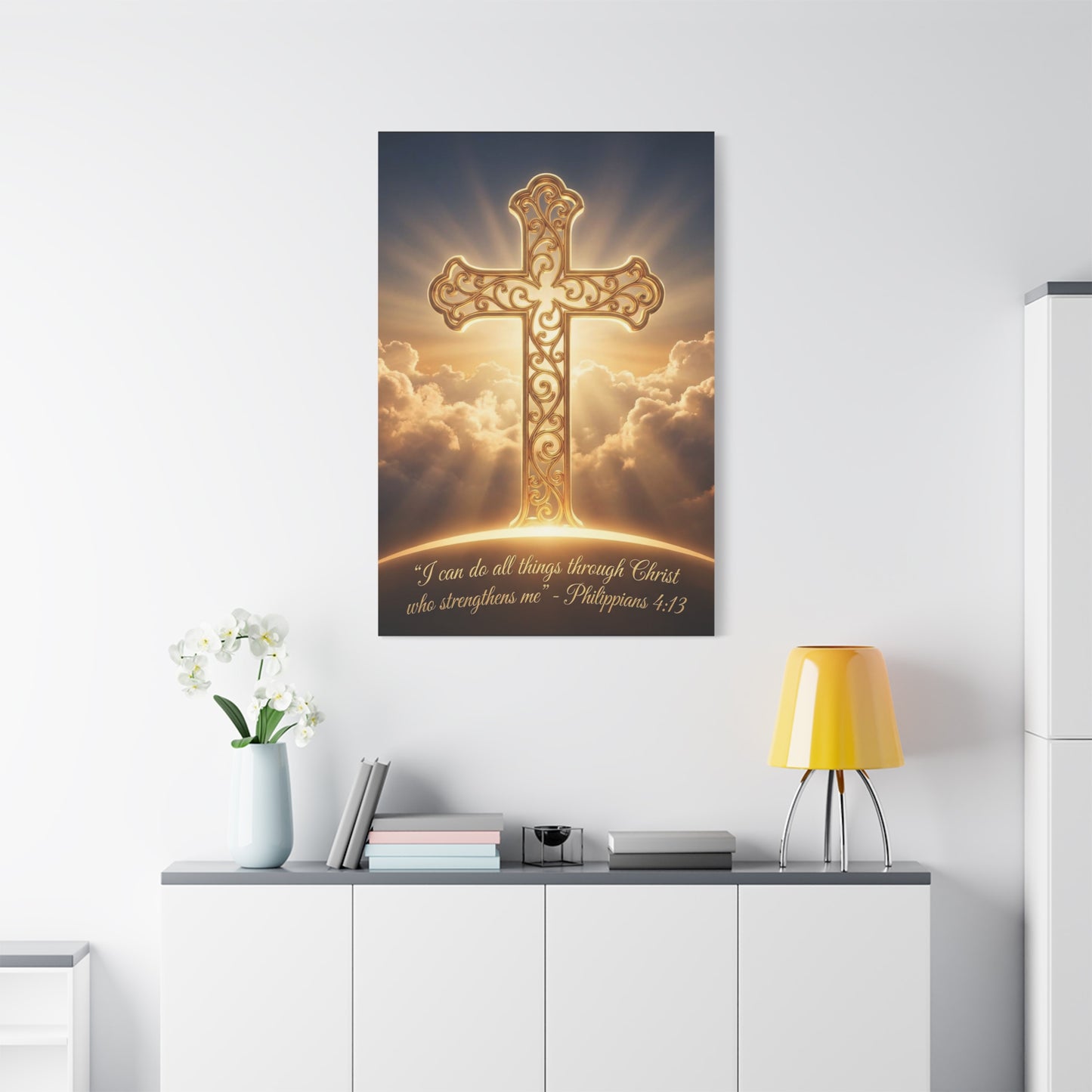 "I Can Do All Things Through Christ Who Strengthens Me" Cross Canvas Wall Art - Philippians 4:13 Scripture Decor, Golden Clouds Christian Wall Hanging, Bedroom Living Room - Bedroom Home Decoration