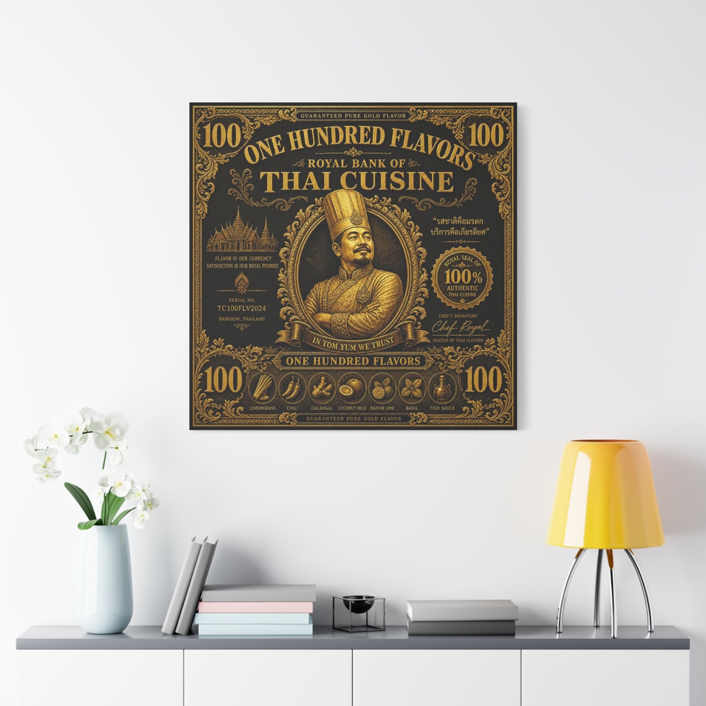 "One Hundred Flavors" Thai Cuisine Canvas Wall Art - Vintage Gold Chef Portrait, Typography Poster Print, Ornate Bangkok Illustration - Restaurant Decor, Dining Room Accent, Cafe Wall Decor