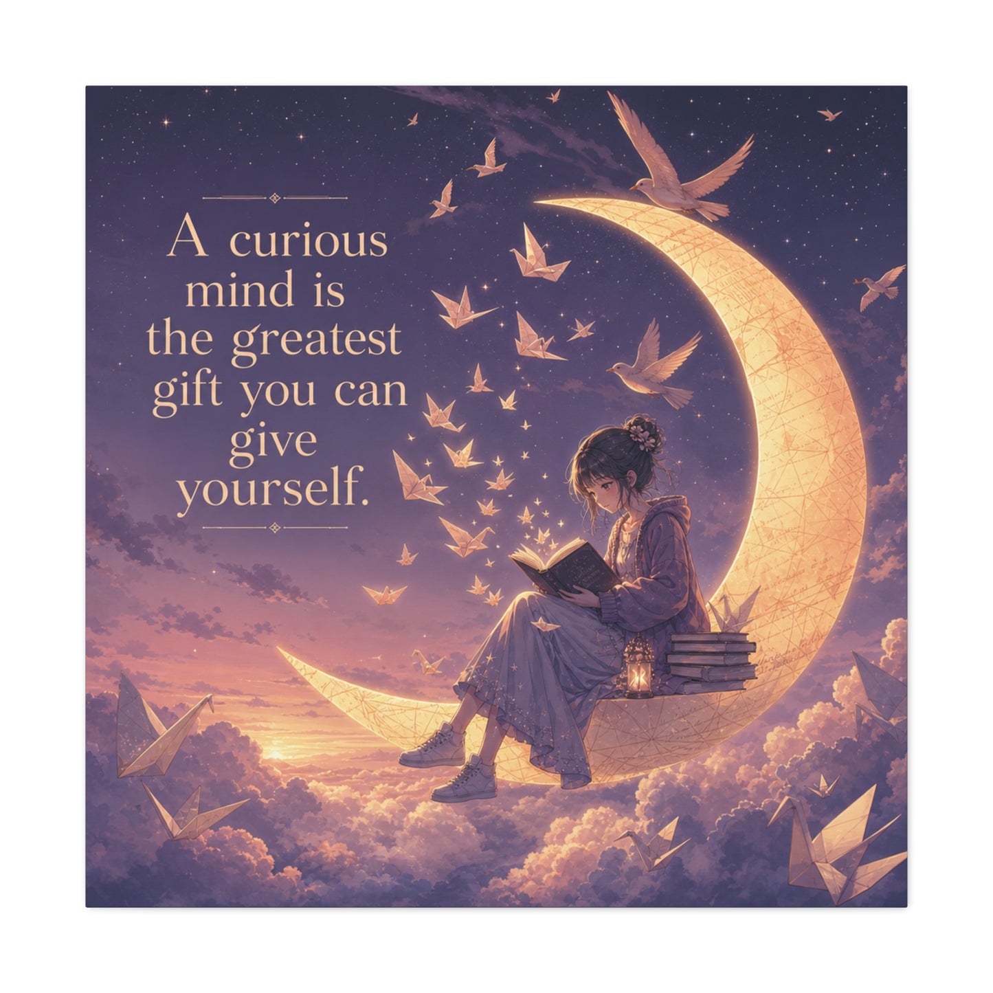 "A Curious Mind Is The Greatest You Can Give Yourself" Canvas Wall Art - Moon Reading Girl Quote Print, Dreamy Celestial Illustration - Bedroom Wall Decor, Home Office Accent - Ready to Hang