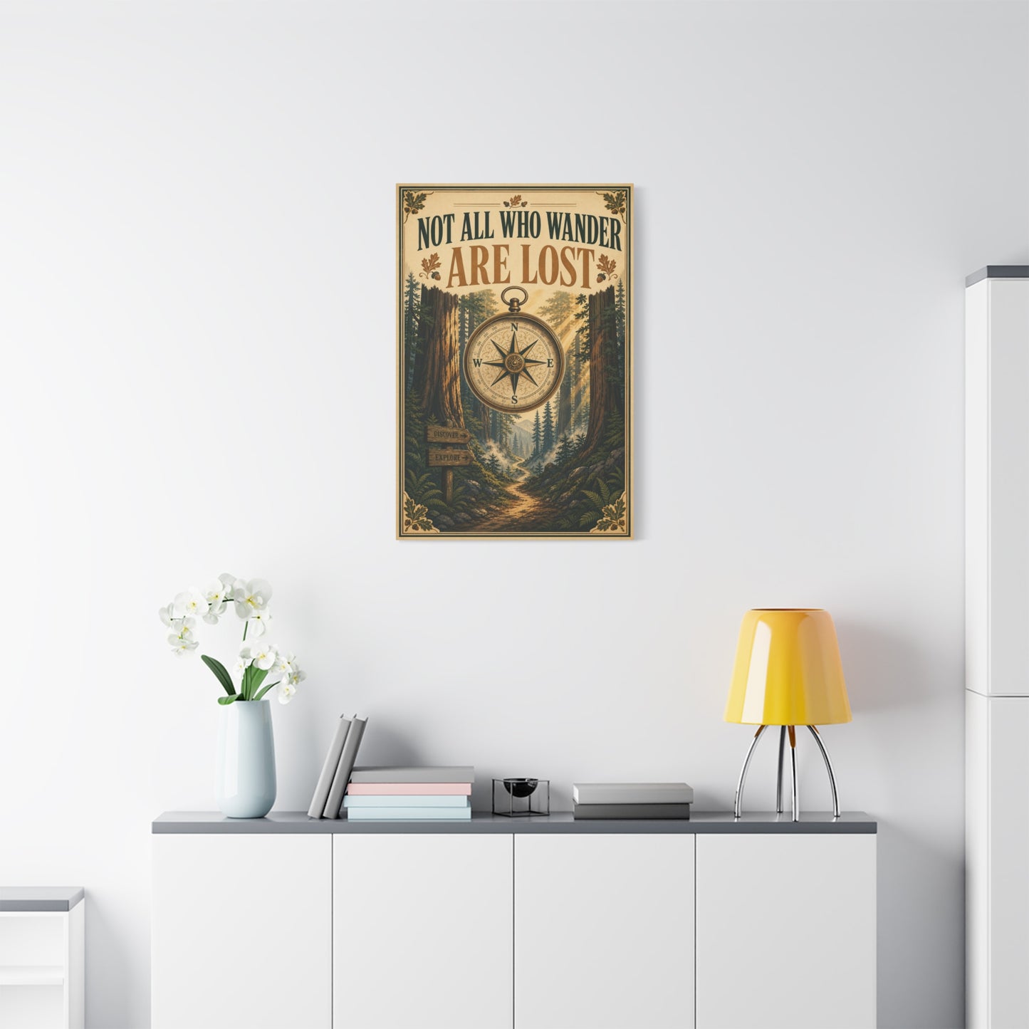 "Not All Who Wander Are Lost" Canvas Wall Art - Forest Compass Quote Print, Vintage Rustic Adventure Decor, Wanderlust Typography Poster Style, Living Room Bedroom Office - Living Room Wall Decor