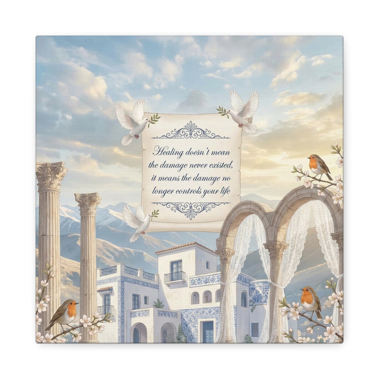 "The Damage No Longer Controls Your Life" Inspirational Canvas Wall Art - Doves, Robins, Classical Arches, Mountain Villa Quote Print - Matte Finish Canvas - Bedroom Home Decoration, Meditation Space