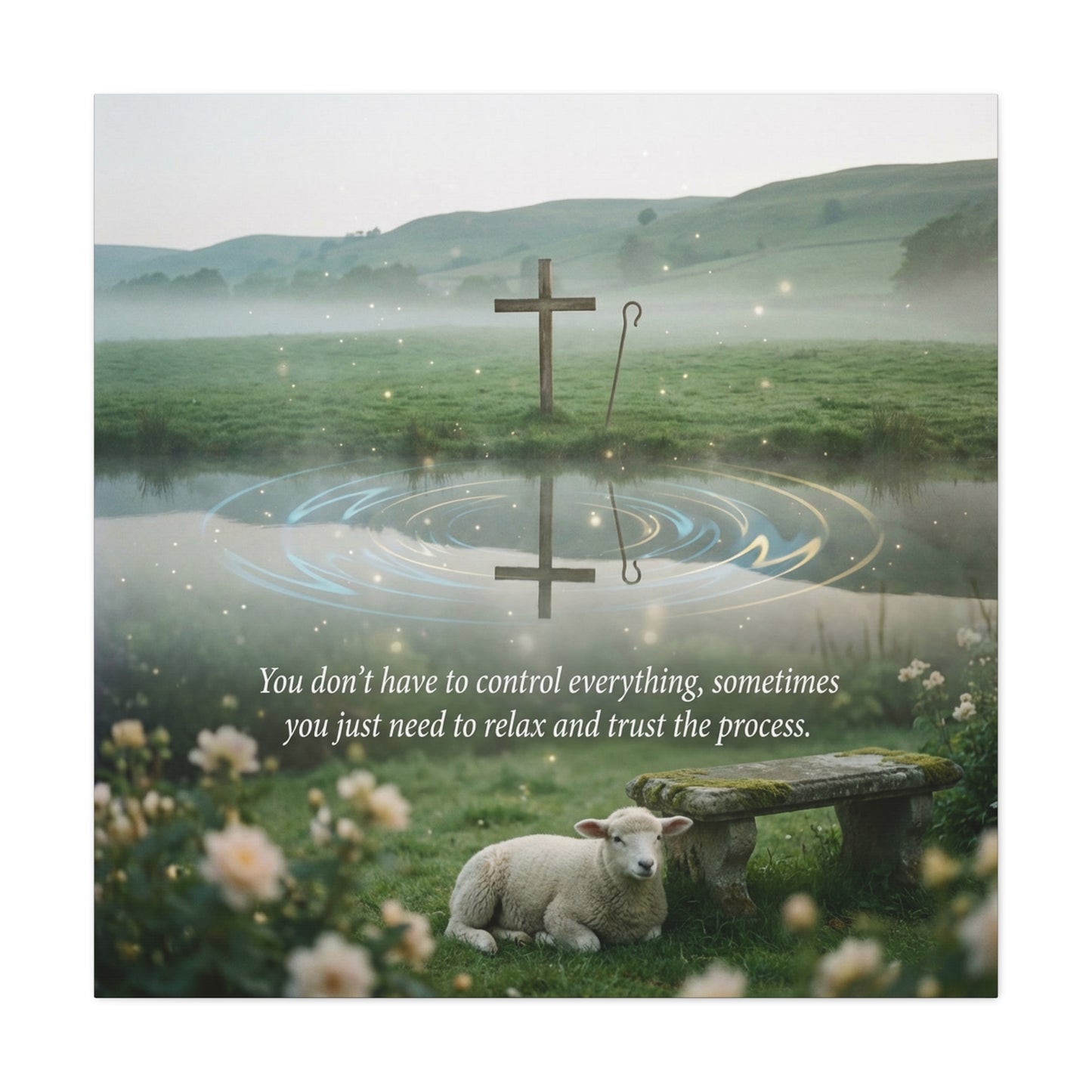 "You Don’t Have To Control Everything, Sometimes You Just Need To Relax And Trust The Process" Canvas Wall Art - Christian Cross, Lamb Meadow Scene - Inspirational Farmhouse Decor - Office Wall Art