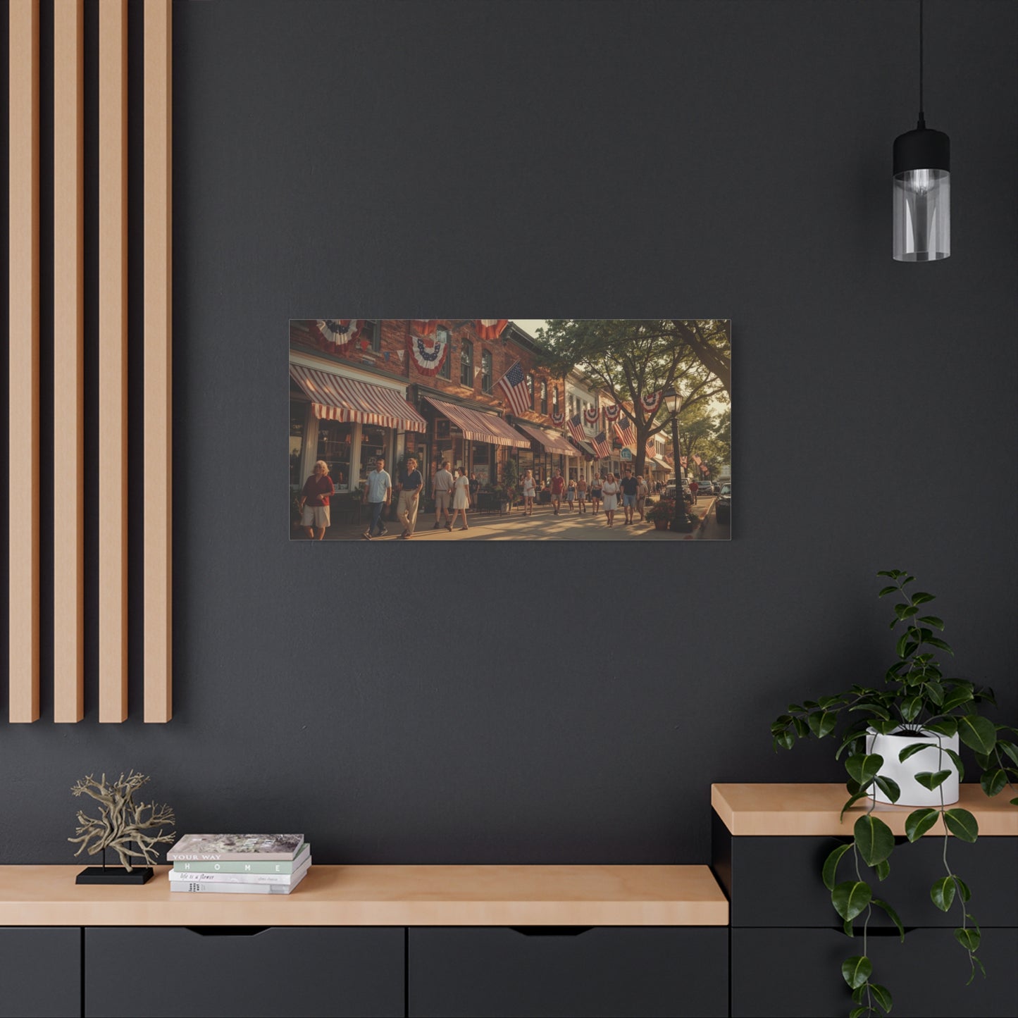 Patriotic Main Street Canvas Wall Art - American Flag Small Town Streetscape, Golden Hour Art Print - Vintage Americana Style - Living Room Wall Decor, Office Art Accent - Ready to Hang
