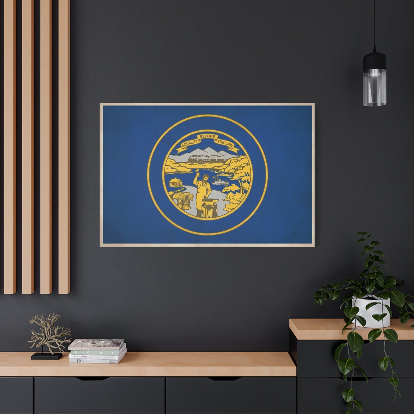 "Equality Before The Law" Kansas State Flag Canvas Wall Art - Blue Gold Sunflower State Seal Print - Vintage Americana Style, Living Room Wall Decor, Office Home Decoration - Bedroom Home Decoration