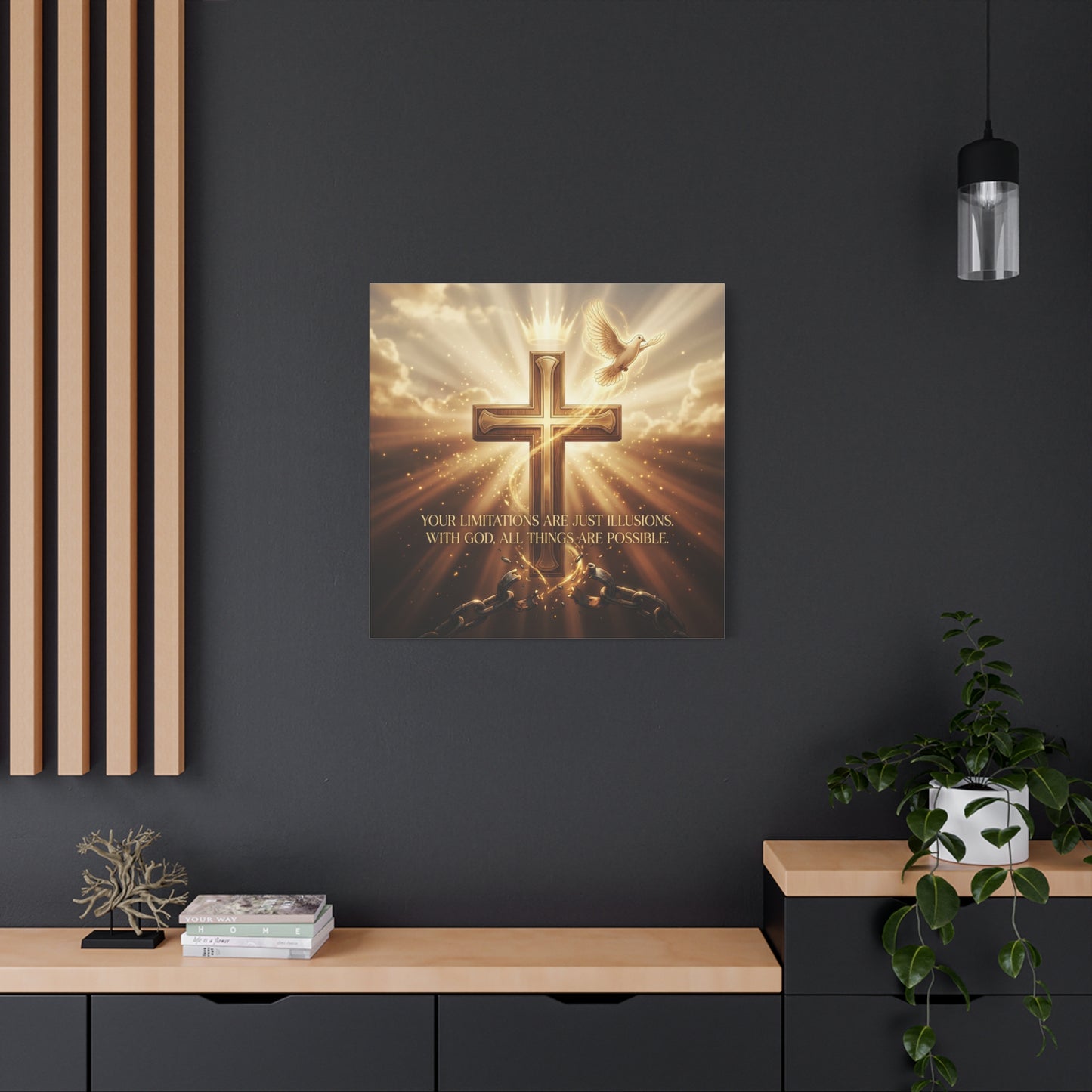 "Your Limitations Are Just Illusions. With God, All Things Are Possible." Christian Canvas Wall Art - Glowing Cross, White Dove, Crown, Broken Chains - Gold Religious Wall Decor For Living Room
