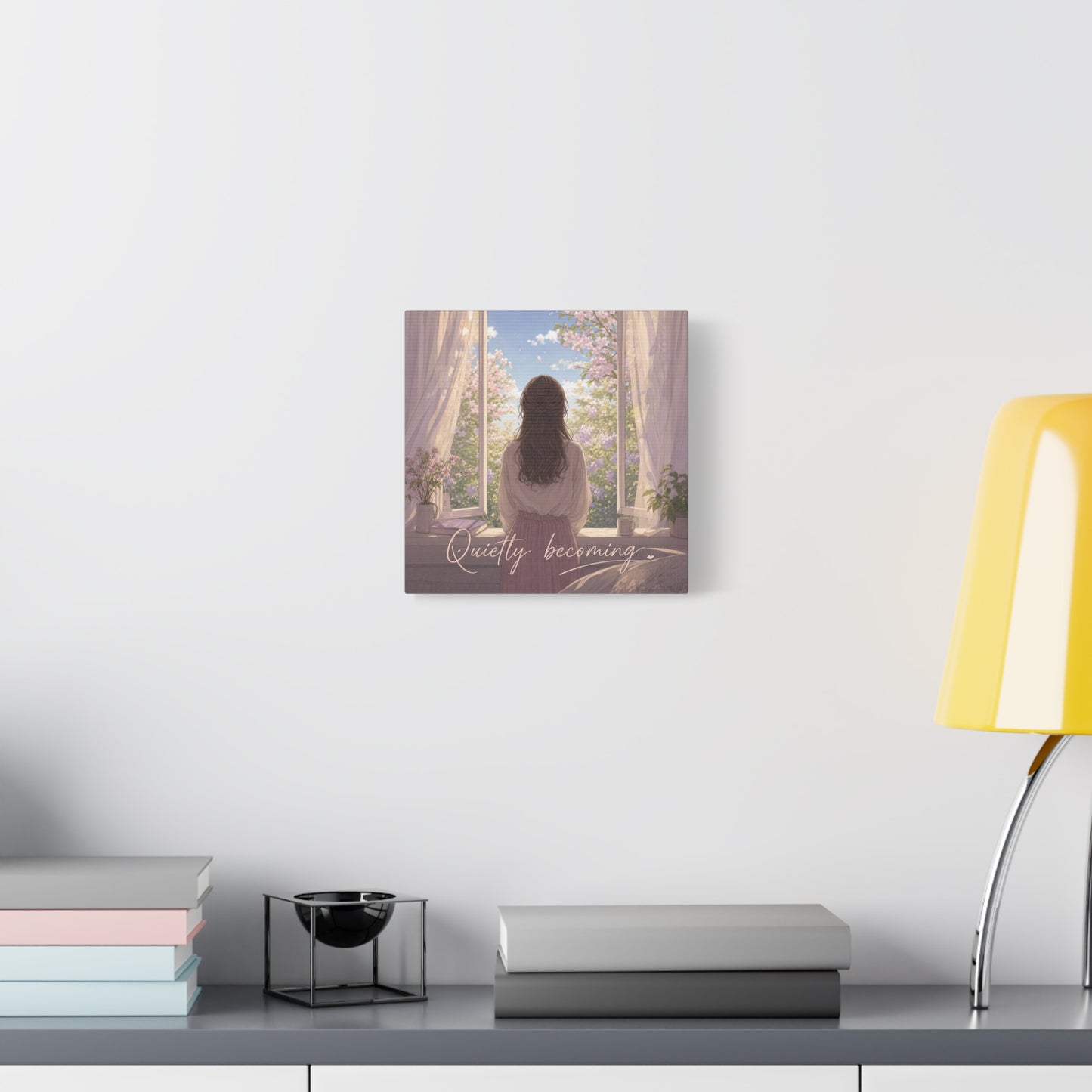 "Quietly Becoming" Girl At Window Canvas Wall Art - Cherry Blossom Bedroom Decor, Soft Pastel Inspirational Print, Dreamy Feminine Room Decoration - Bedroom Home Decoration - Living Room Wall Decor