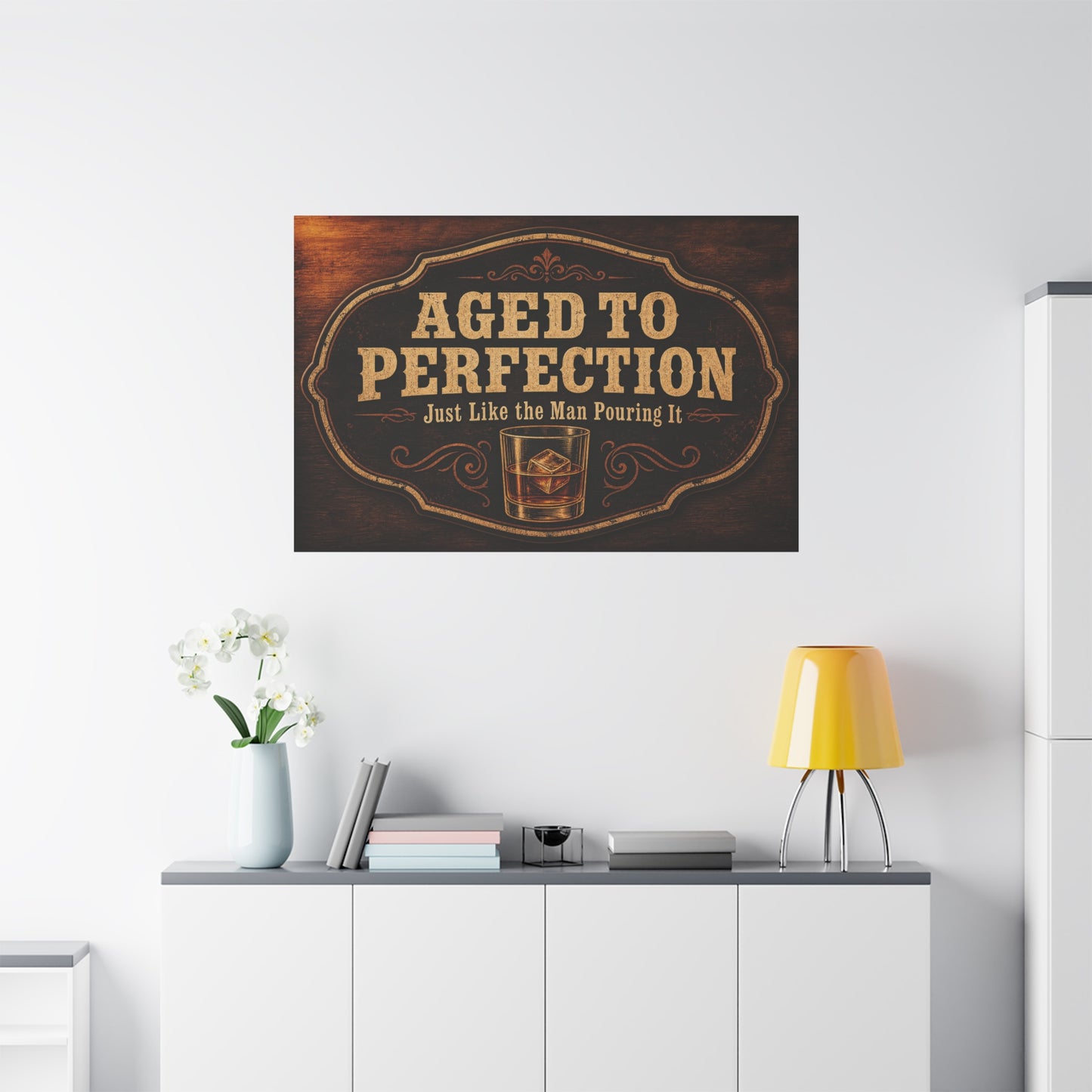 "Aged To Perfection Just Like The Man Pouring It" Whiskey Canvas Wall Art - Vintage Bar Quote Decor, Old Fashioned Glass Illustration - Office Wall Art - Ready to Hang - Cocktail Lounge Decor