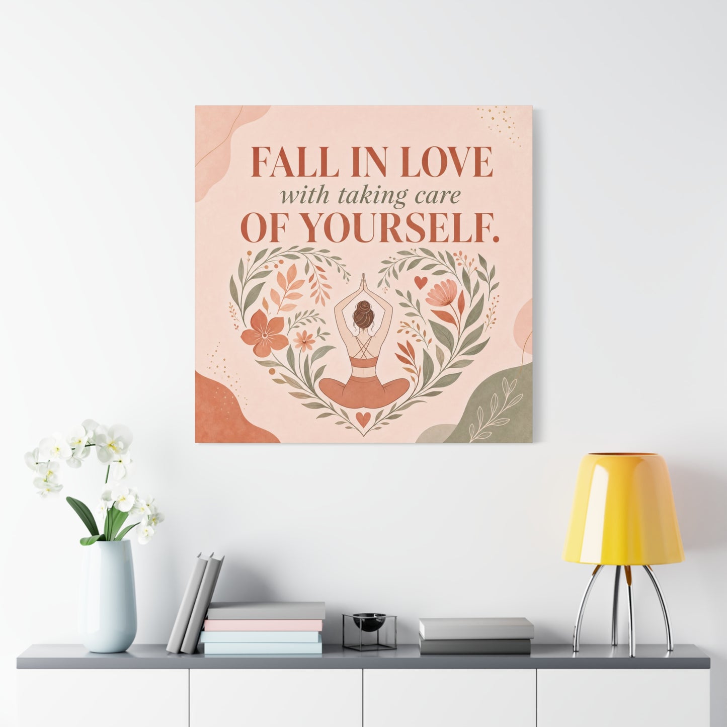 "Fall In Love With Taking Care Of Yourself." Inspirational Canvas Wall Art - Yoga Woman Floral Quote Print - Bohemian Modern Sage Blush Decor - Living Room Wall Decor - Bedroom Home Decoration