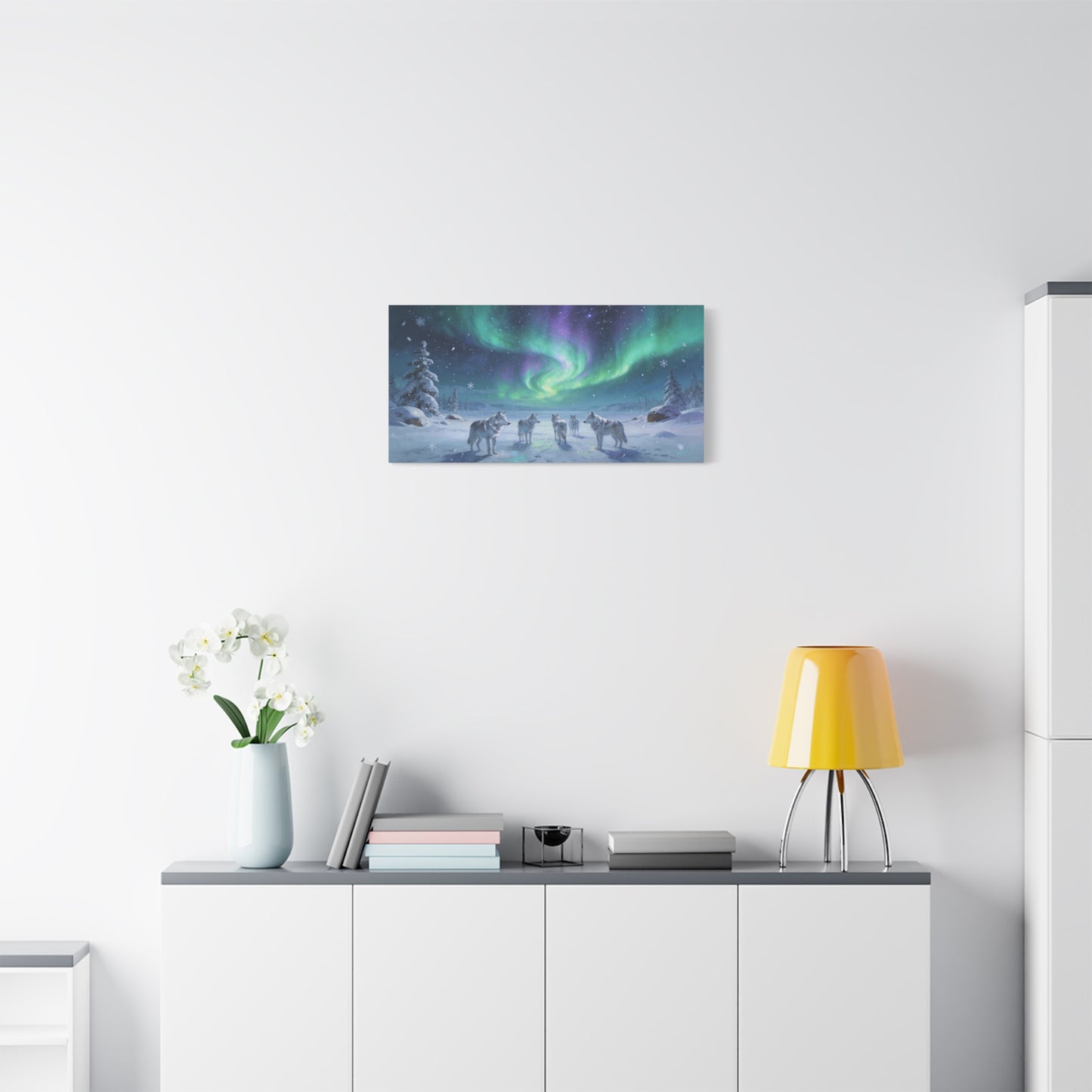 Arctic Wolf Pack Canvas Wall Art - Aurora Borealis Snowy Winter Landscape, Northern Lights Canvas Print, Blue Green Purple Sky, Living Room Wall Decor, Bedroom Home Decoration - Modern Farmhouse Style