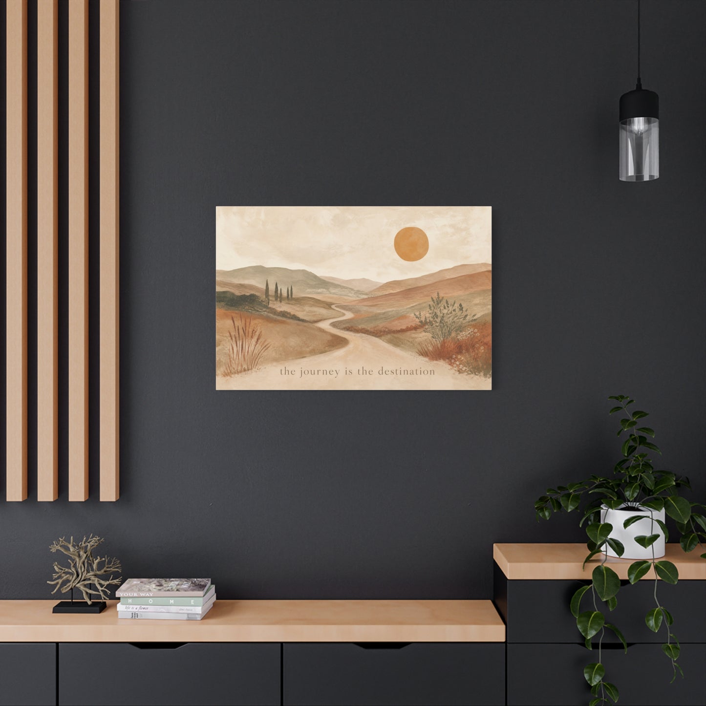 "The Journey Is The Destination" Landscape Canvas Wall Art - Desert Hills, Winding Path, Terracotta Sun - Minimalist Typography Print - Bedroom Wall Decor, Living Room Home Decoration - Ready to Hang