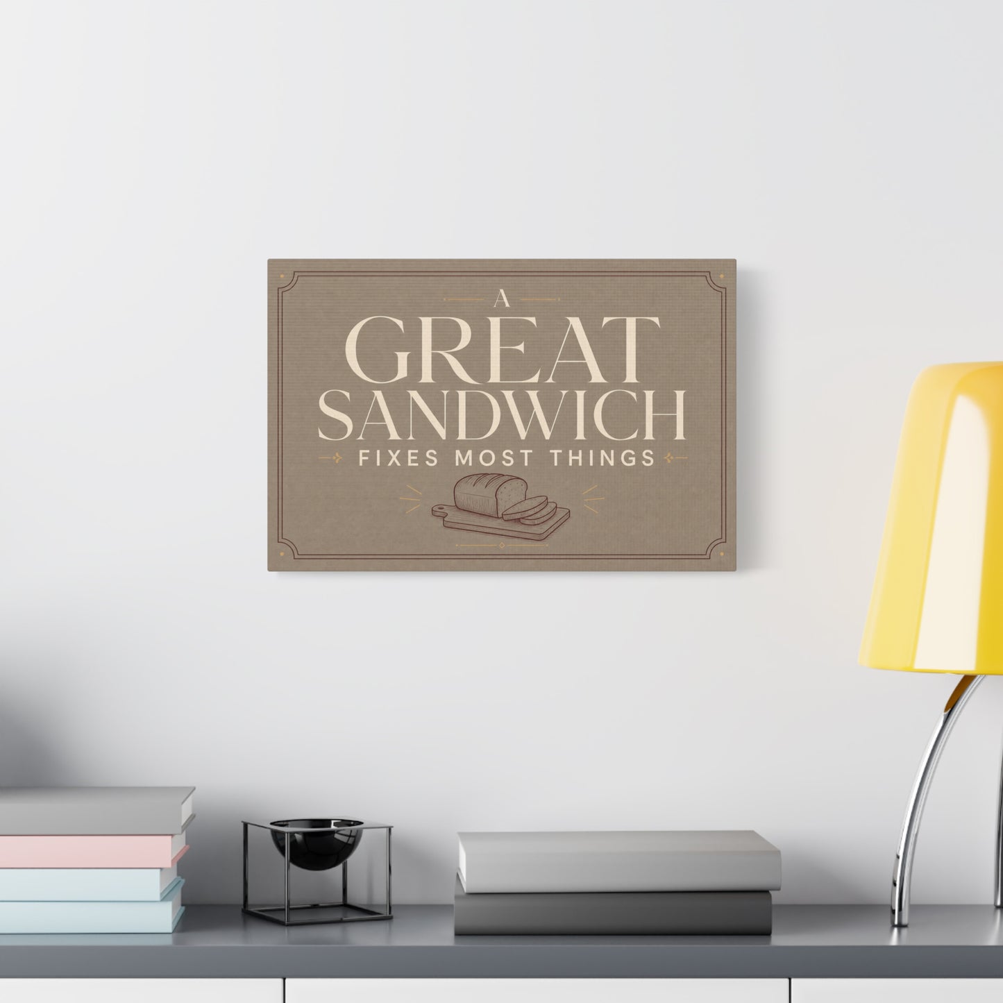"A Great Sandwich Fixes Most Things" Canvas Wall Art - Vintage Typography Bread Illustration - Neutral Farmhouse Style - Funny Food Quote - Deli Wall Decor - Sandwich Shop Sign - Diner Decor