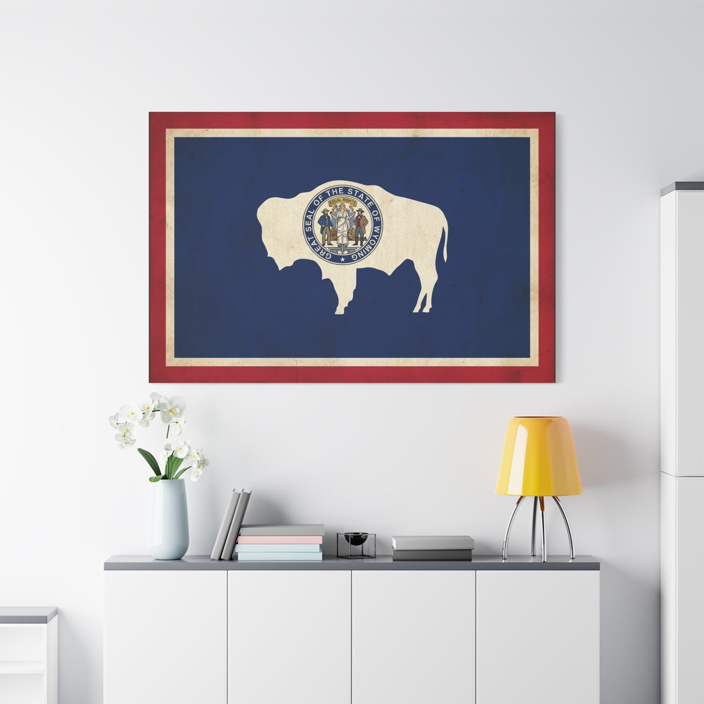 Wyoming State Flag Canvas Wall Art - Great Seal Of The State Of Wyoming Buffalo Print - Vintage Patriotic Western Decor - Rustic Americana Style - Living Room Wall Decor - Bedroom Home Decoration