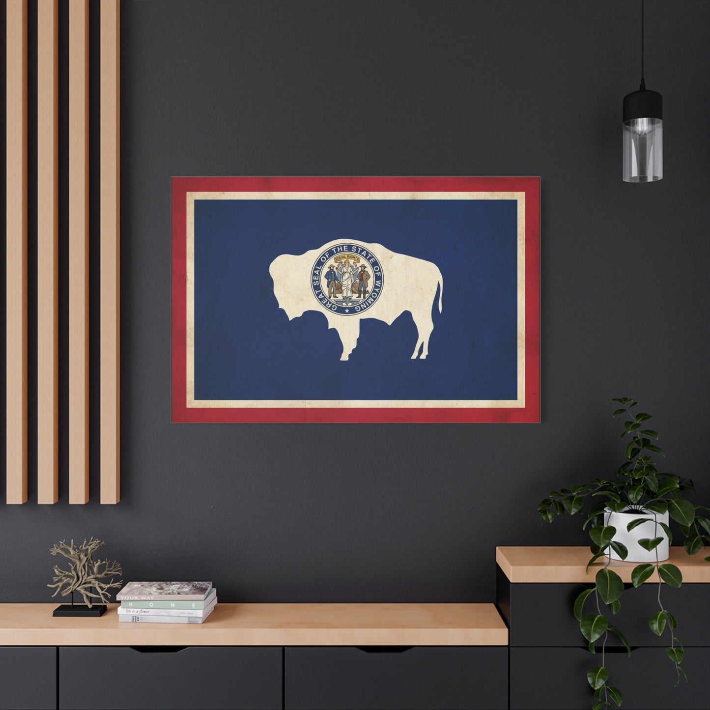 Wyoming State Flag Canvas Wall Art - Great Seal Of The State Of Wyoming Buffalo Print - Vintage Patriotic Western Decor - Rustic Americana Style - Living Room Wall Decor - Bedroom Home Decoration