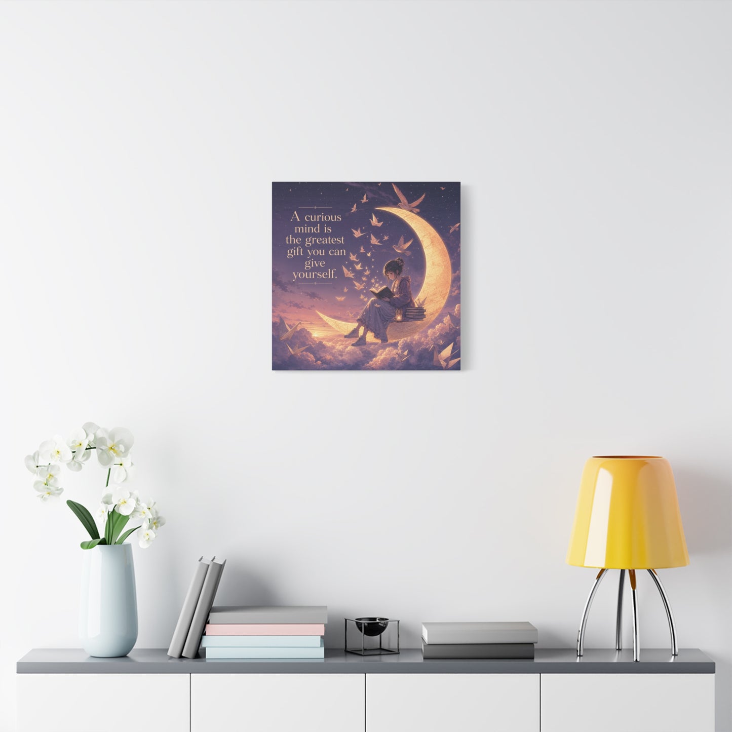 "A Curious Mind Is The Greatest You Can Give Yourself" Canvas Wall Art - Moon Reading Girl Quote Print, Dreamy Celestial Illustration - Bedroom Wall Decor, Home Office Accent - Ready to Hang