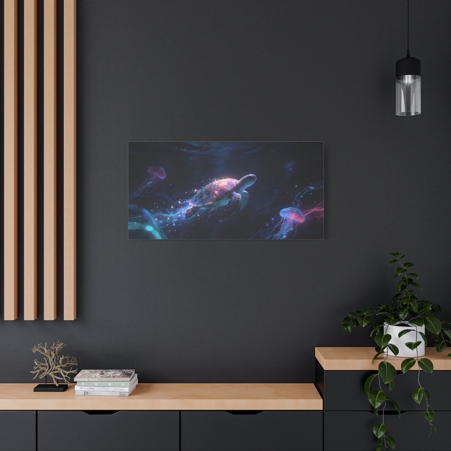 Sea Turtle Canvas Wall Art - Glowing Underwater Jellyfish Ocean Scene, Fantasy Marine Canvas Print - Contemporary Blue Seascape - Living Room Wall Decor, Bedroom Home Accent - Bedroom Home Decoration
