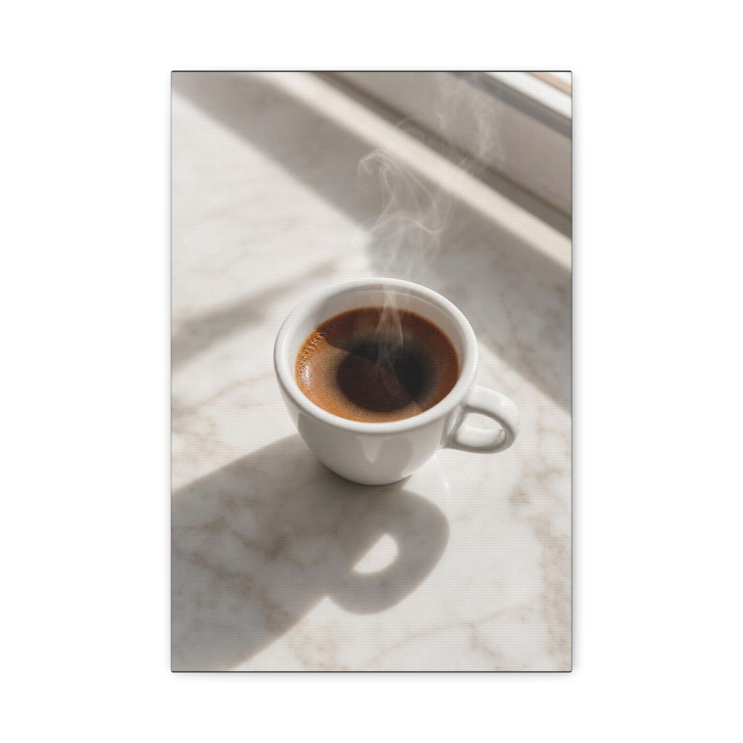 Steaming Espresso Coffee Cup Canvas Wall Art - Minimalist Sunlit Art Print, Matte Cotton Print - Contemporary Kitchen Decor, Dining Room Accent, Cafe Wall Decor, Office Art - Bedroom Home Decoration