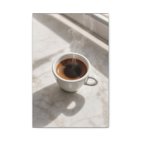 Steaming Espresso Coffee Cup Canvas Wall Art - Minimalist Sunlit Art Print, Matte Cotton Print - Contemporary Kitchen Decor, Dining Room Accent, Cafe Wall Decor, Office Art - Bedroom Home Decoration