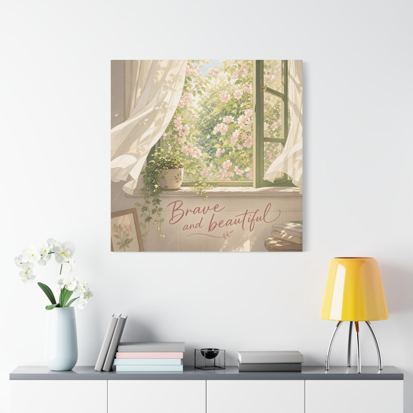 "Brave And Beautiful" Inspirational Canvas Wall Art - Open Window Pink Blossoms, Sheer Curtains, Botanical Quote Print - Soft Vintage Style - Bedroom Wall Decor, Living Room Accent - Ready to Hang