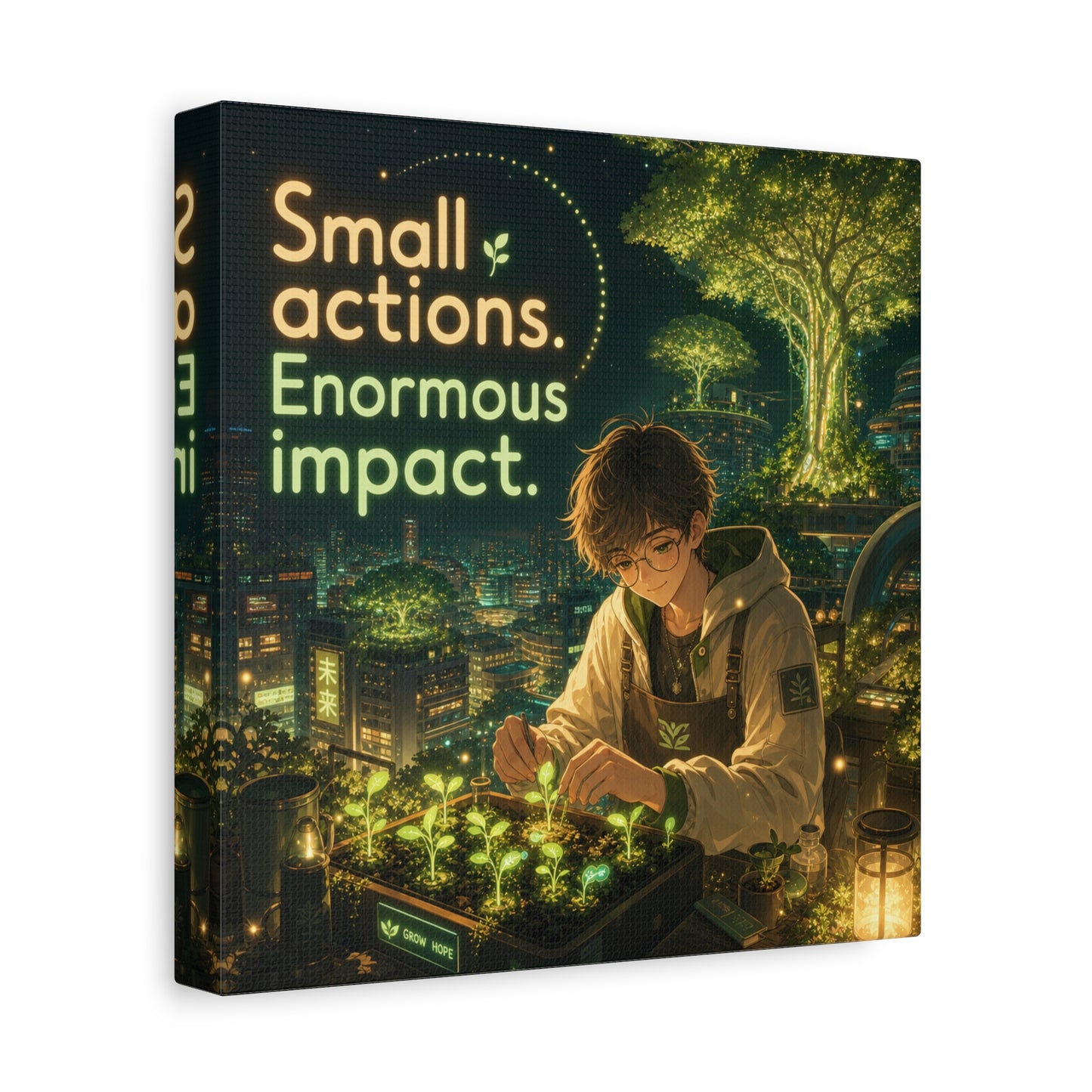 "Small Actions. Enormous Impact." Inspirational Canvas Wall Art - Anime Boy Gardening Cityscape - Glowing Green Night Illustration - Bedroom Home Decoration, Home Office Decor - Living Room Wall Decor