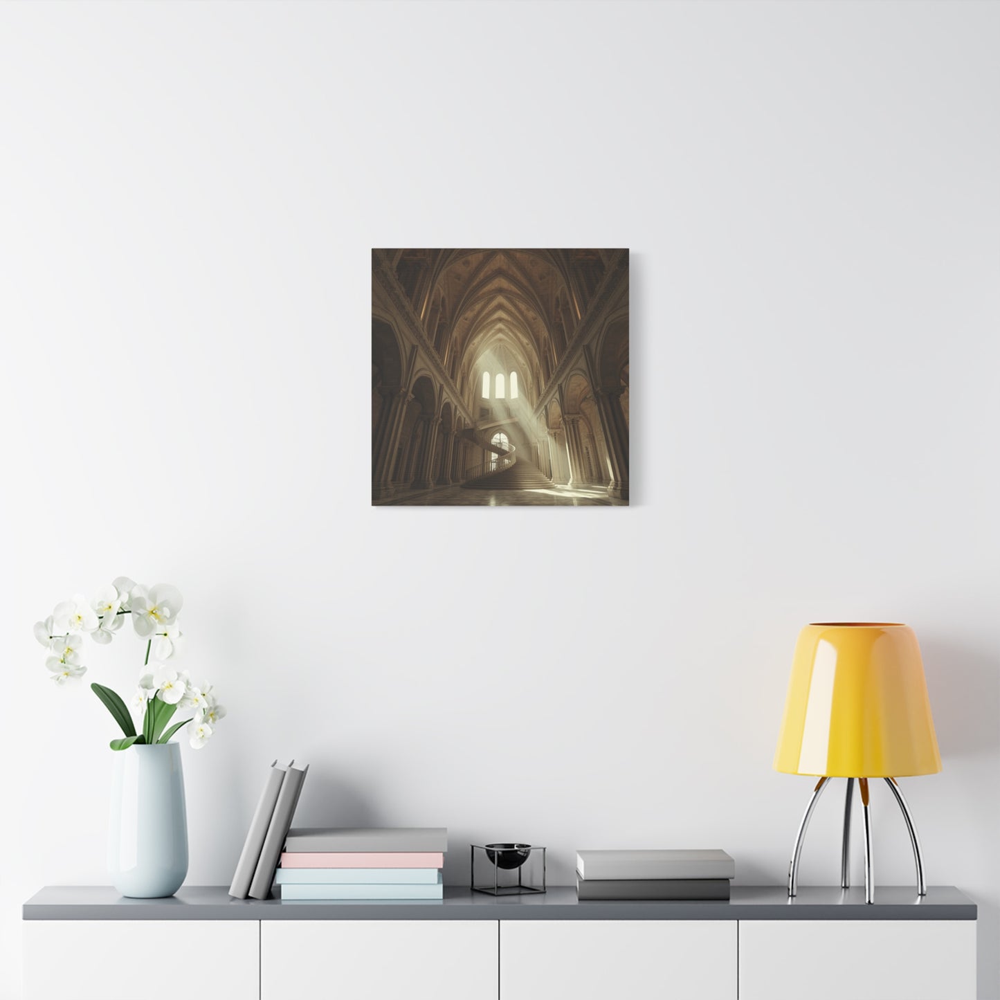 Gothic Cathedral Interior Canvas Wall Art - Sunlit Spiral Staircase, Religious Architecture Print - Matte Cotton Canvas - Traditional Style - Living Room Wall Decor, Office Art - Ready to Hang