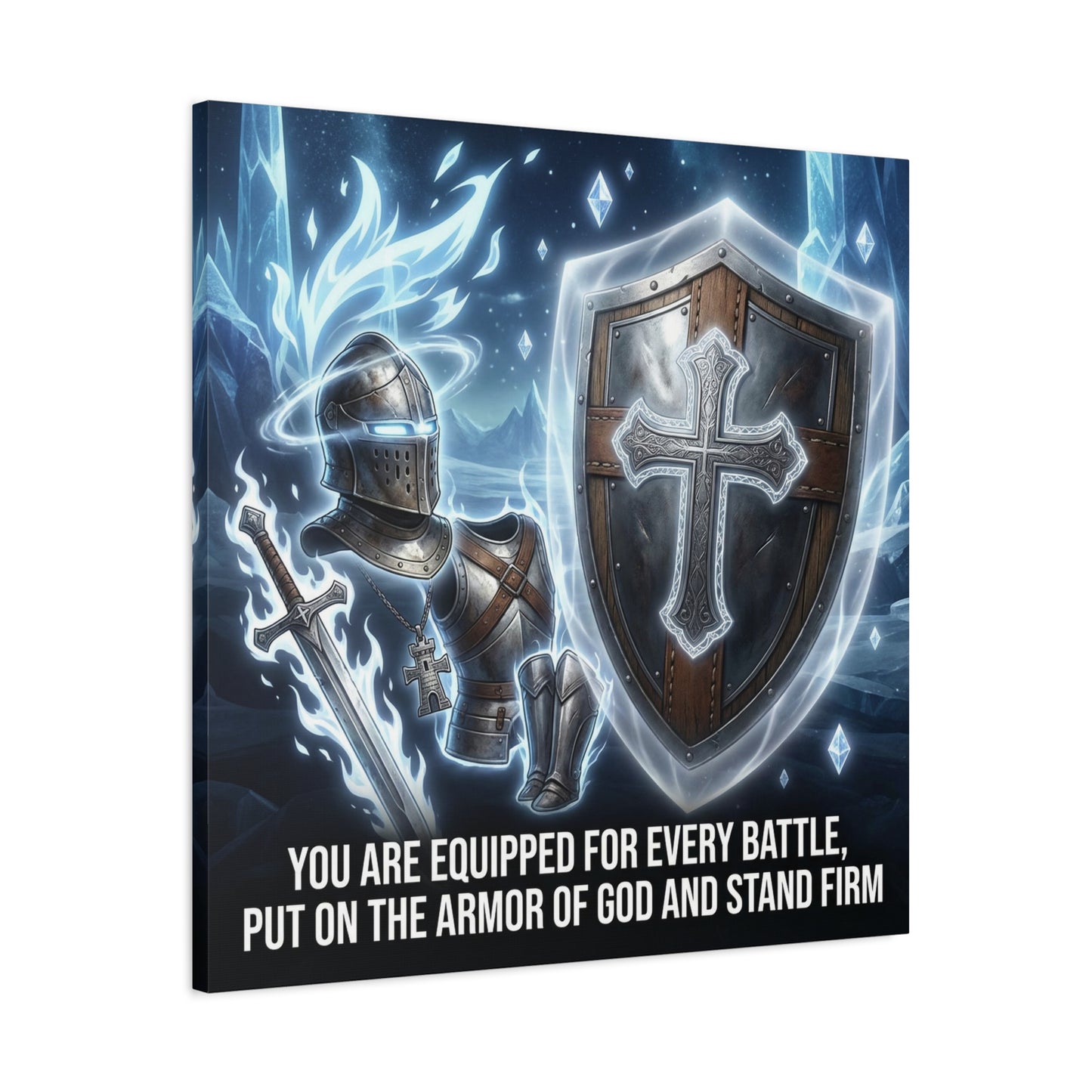 "You Are Equipped For Every Battle, Put On The Armor Of God And Stand Firm" Christian Canvas Wall Art - Knight Armor, Cross Shield, Scripture Decor - Blue Fantasy Style - Living Room - Office Wall Art