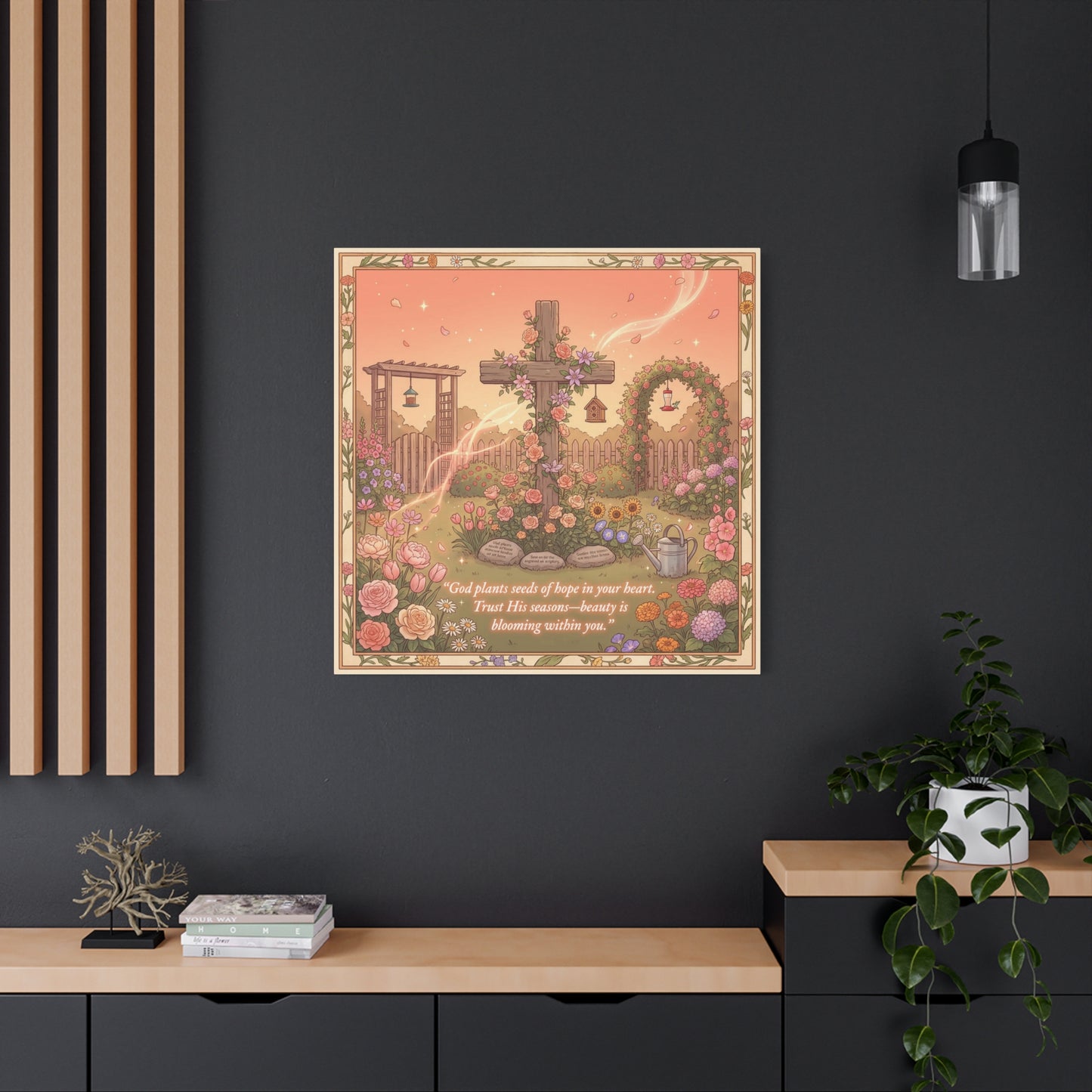 "God Plants Seeds Of Hope In Your Heart" Christian Canvas Wall Art - Floral Cross Garden Scripture Print, Matte Cotton Decor - Inspirational Bedroom Home Decoration, Living Room Accent - Ready to Hang